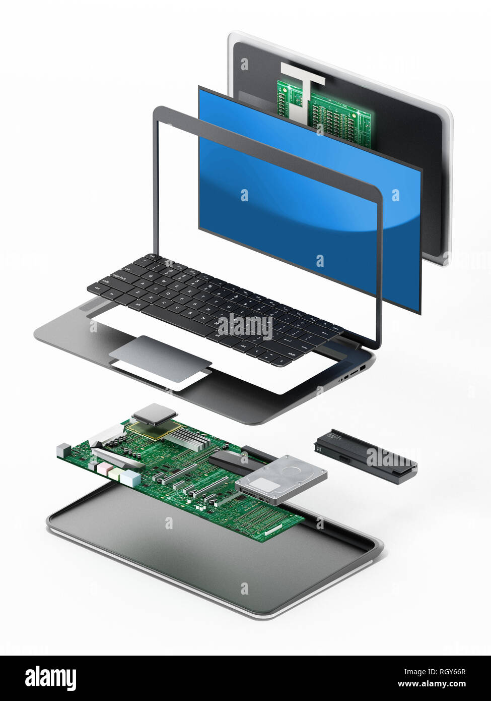 Struktur der Laptop mit Ersatzteilen. 3D-Darstellung. Stockfoto