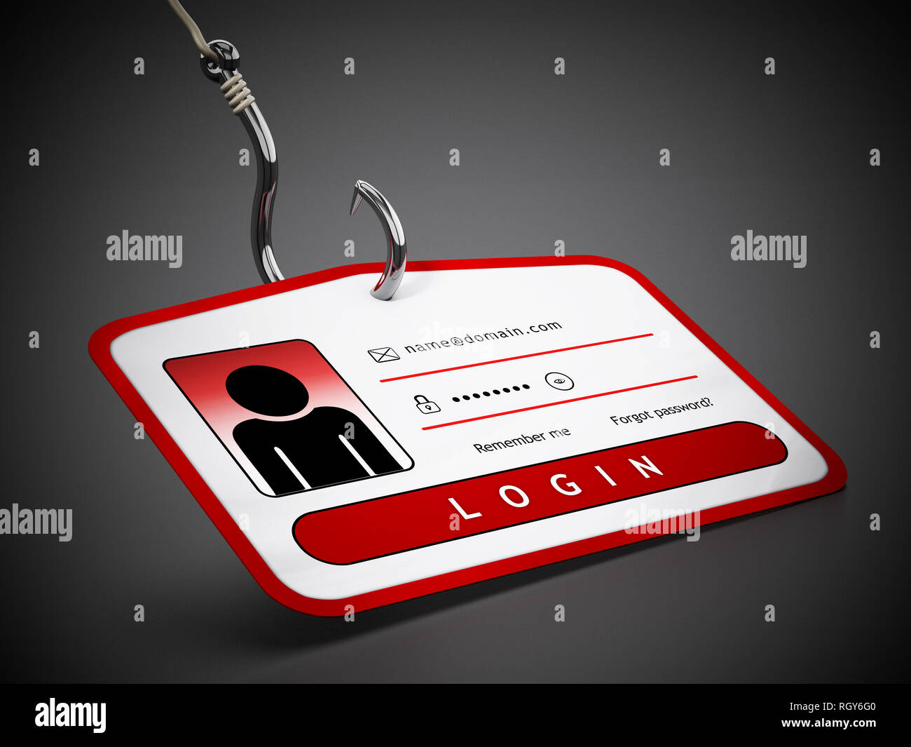 Haken auf der ID-Card mit Anmeldeinformationen. 3D-Darstellung. Stockfoto