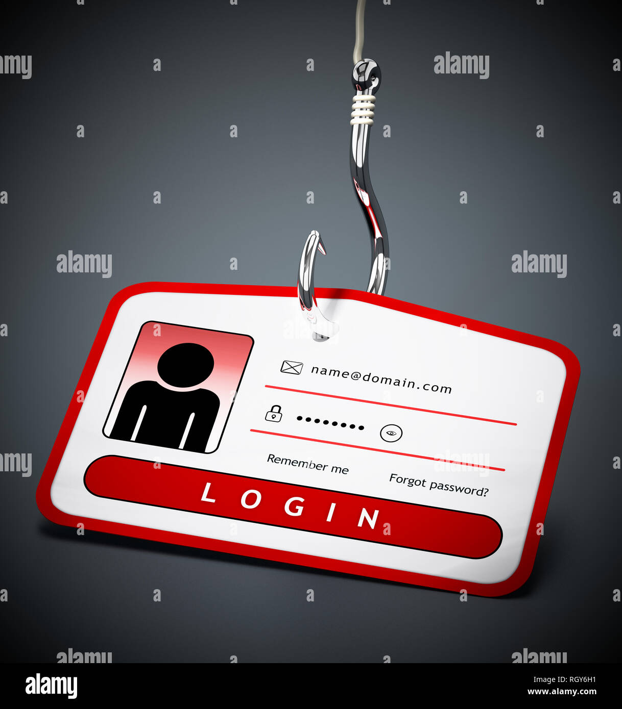 Haken auf der ID-Card mit Anmeldeinformationen. 3D-Darstellung. Stockfoto