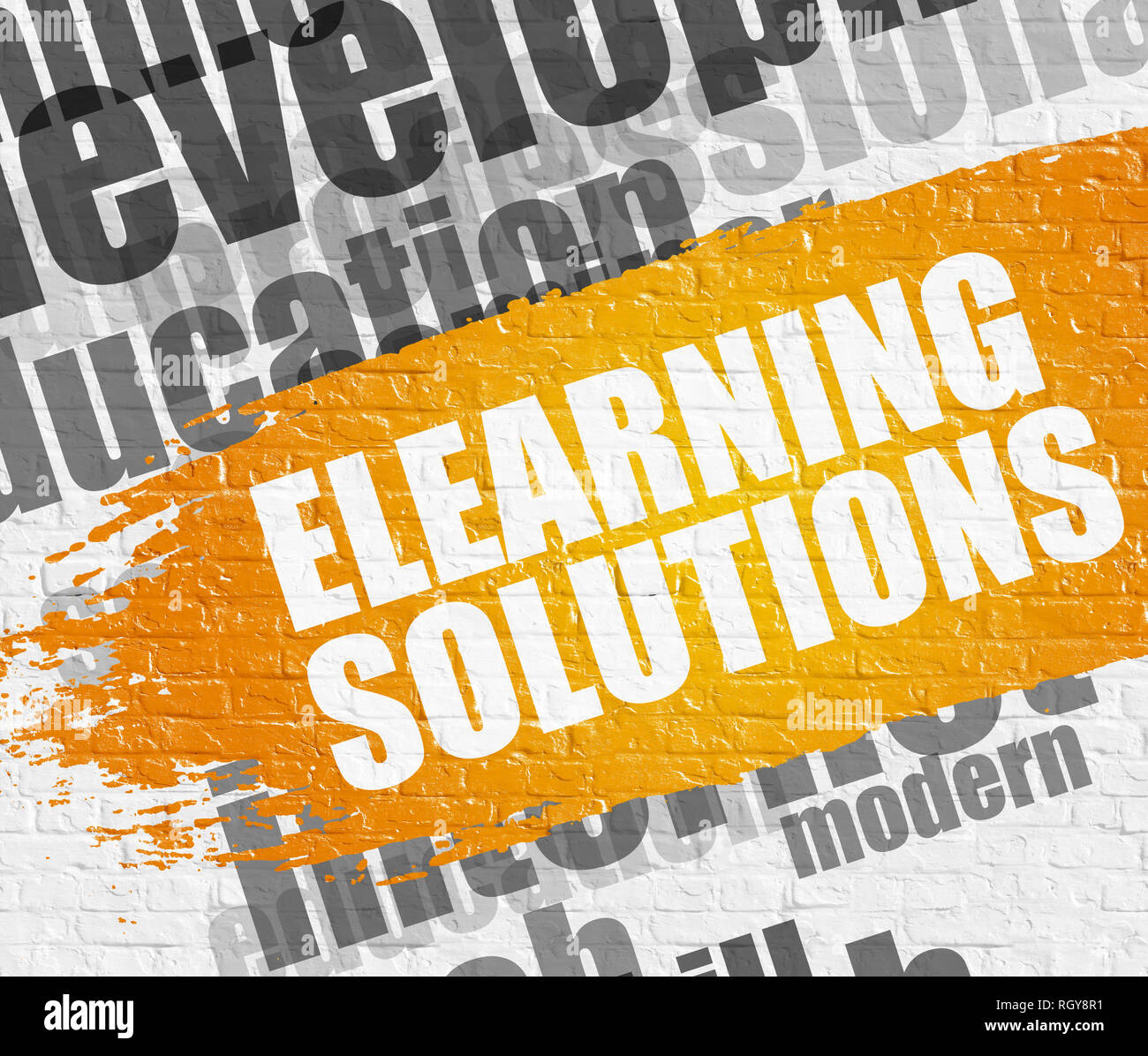 Elearning Solutions auf der Brickwall. Wordcloud Konzept. Stockfoto