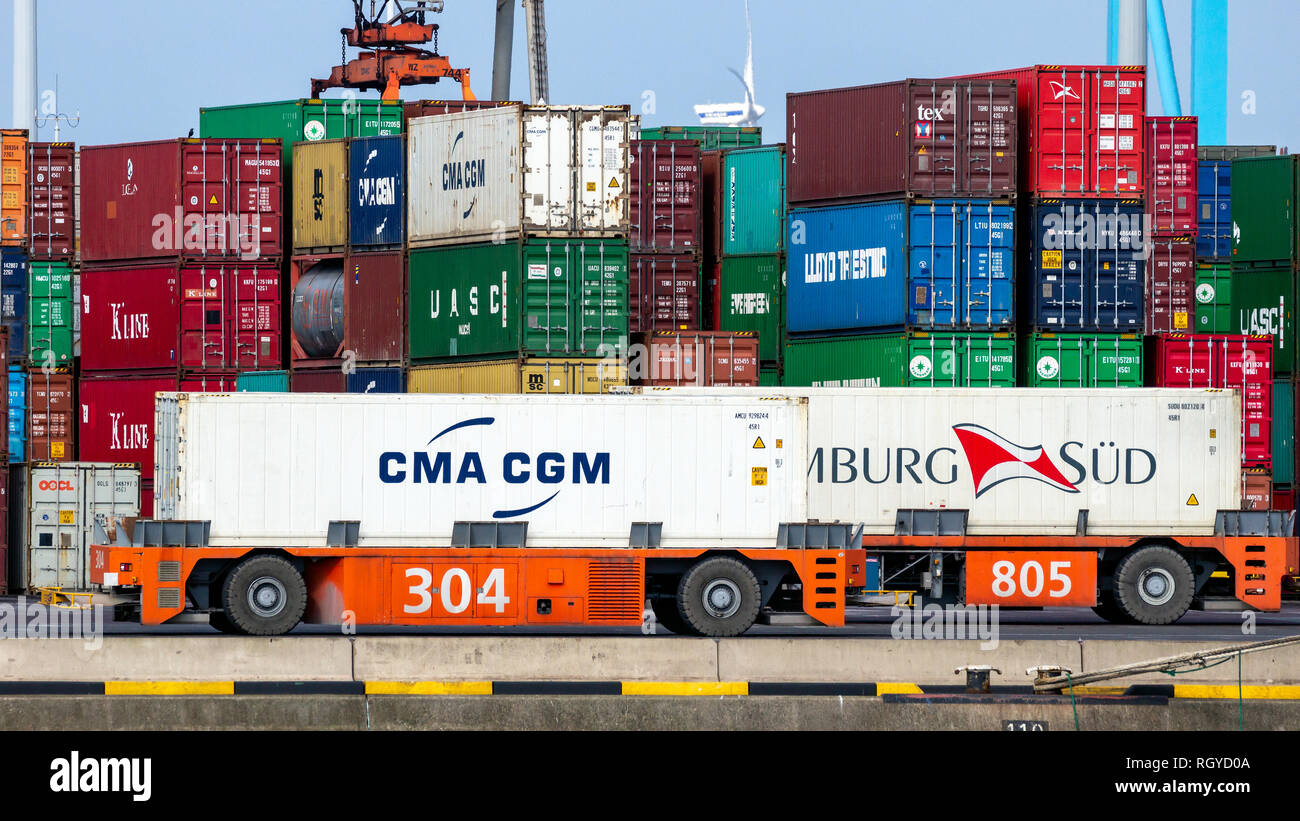 ROTTERDAM - Mar 3, 2016: Automatisierte Fahrzeug vor der Container in einem Container Terminal im Hafen von Rotterdam gestapelt Stockfoto