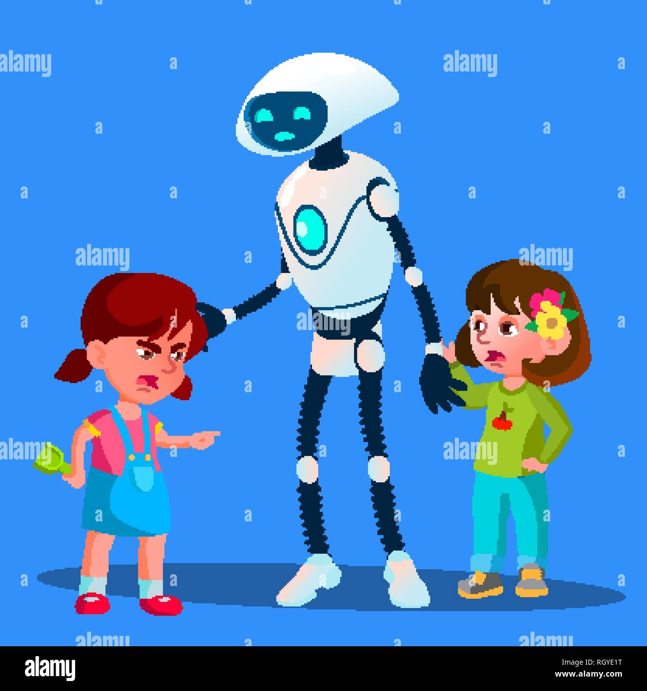 Roboter Setzt Neben Zwei Madchen Kampfen Kinder Vektor Isolierte Abbildung Stock Vektorgrafik Alamy