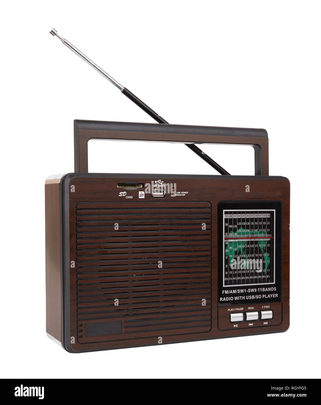 Audio Player im Retro-Stil mit Radio Funktion auf weißem Hintergrund Stockfoto