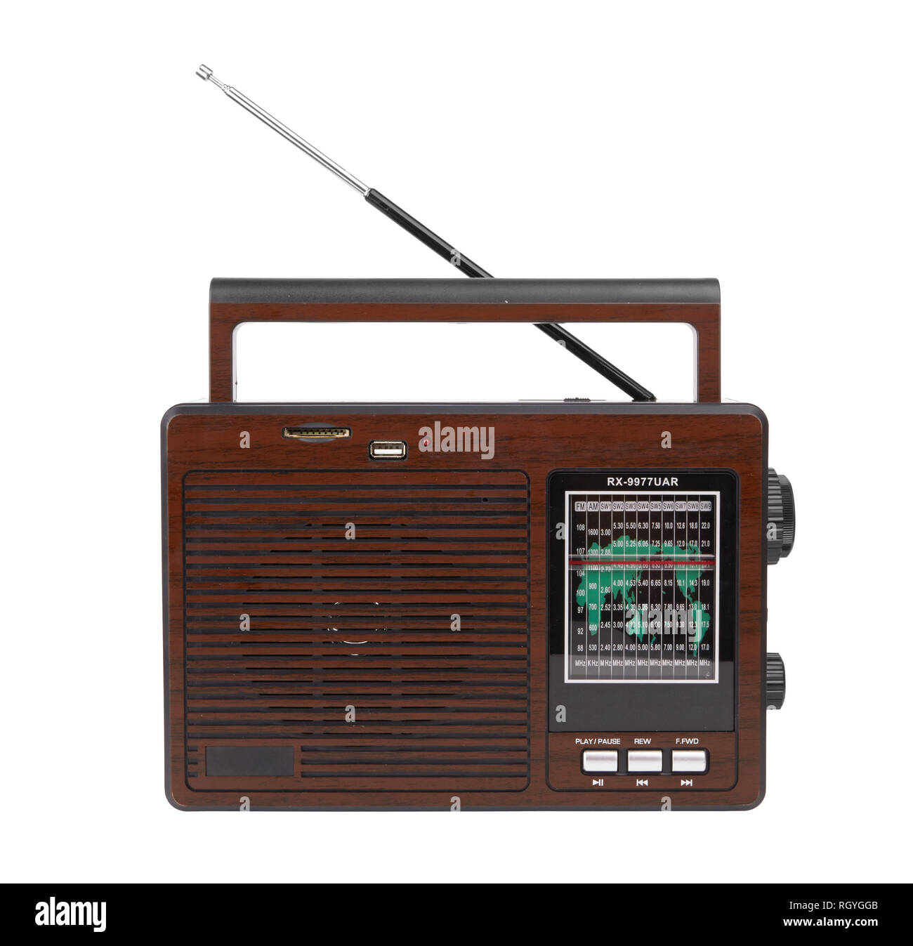 Audio Player im Retro-Stil mit Radio Funktion auf weißem Hintergrund Stockfoto