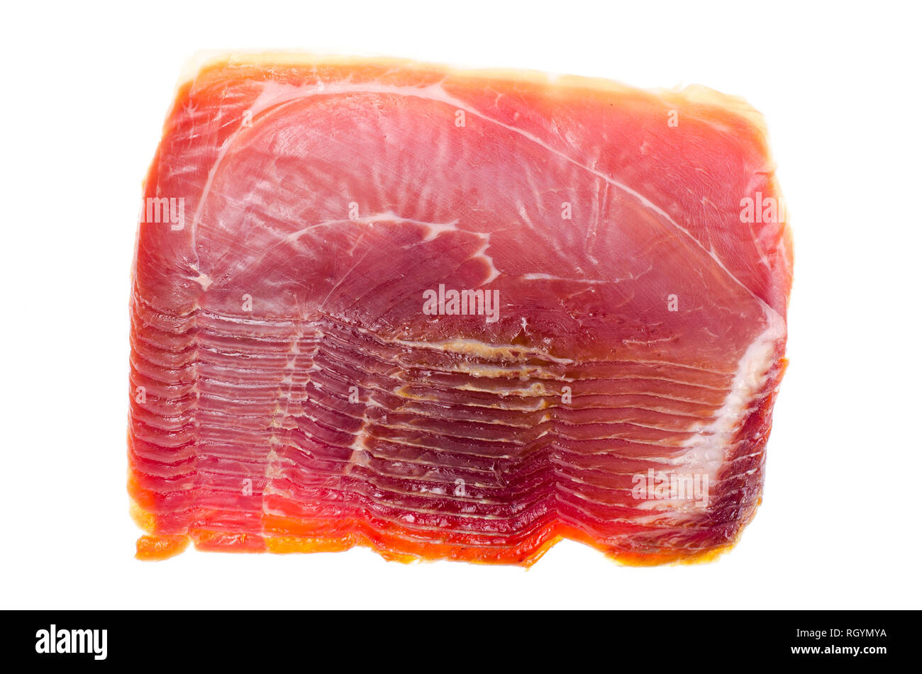 Scheiben Prosciutto di Parma auf weißem Hintergrund. Studio Foto Stockfoto