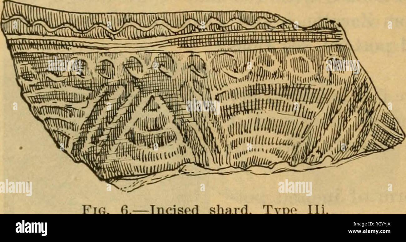 . Bulletin. Ethnologie. 48 PRÄSIDIUM DER AMERIKANISCHEN ETHNOLOGIE [Stier. 74. Abb. 6.-eingeschnittenen Shard, Typ ^f. Sehr helles Gelb oder Braun Avare. Die Designs sind ähnlich denen der Klasse e, aber sie sind nicht so tief eingeschnittene und der Boden ist ein^ ery selten Cut away (Boas Album, Pi. 58, 2). g. Thin orange Ware mit eingeschnitten und Keratitis Designs. Dieser Typ ist ein 'ery gelegentlich hier. Die Archaische Keratitis, eine schwere - eingefaßte Töpferei mit Linien der Bohrungen am Ende ein Stick oder Einschnitte durch einen Stock vorgenommen, so häufig auf den Hügeln im Norden auf das Tal, die an diesem Standort nicht (Boas Album, Pi vertreten ist. 37, 1 - Stockfoto