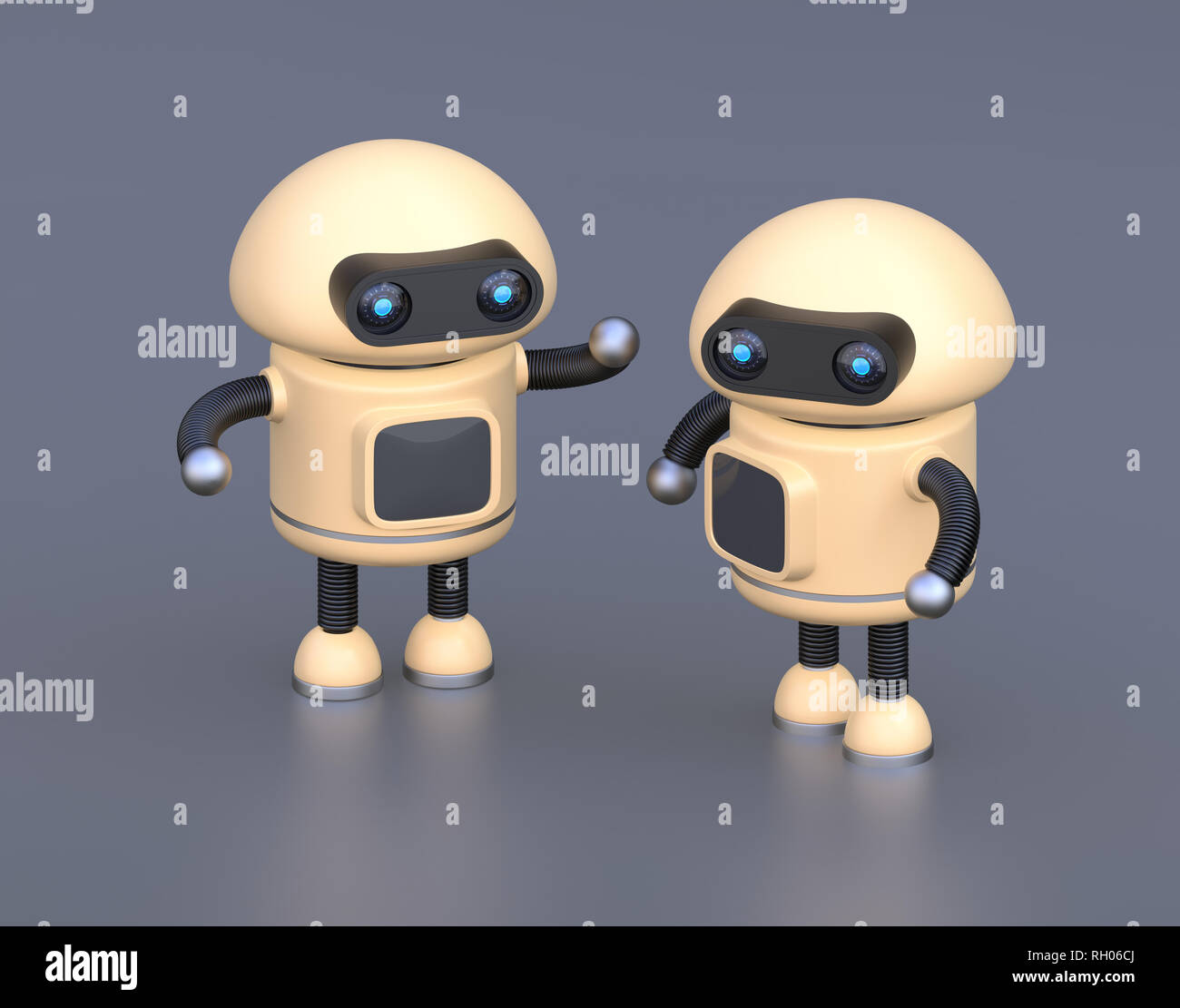 Zwei Roboter auf Reflexion Hintergrund chatten. 3D-Bild. Stockfoto