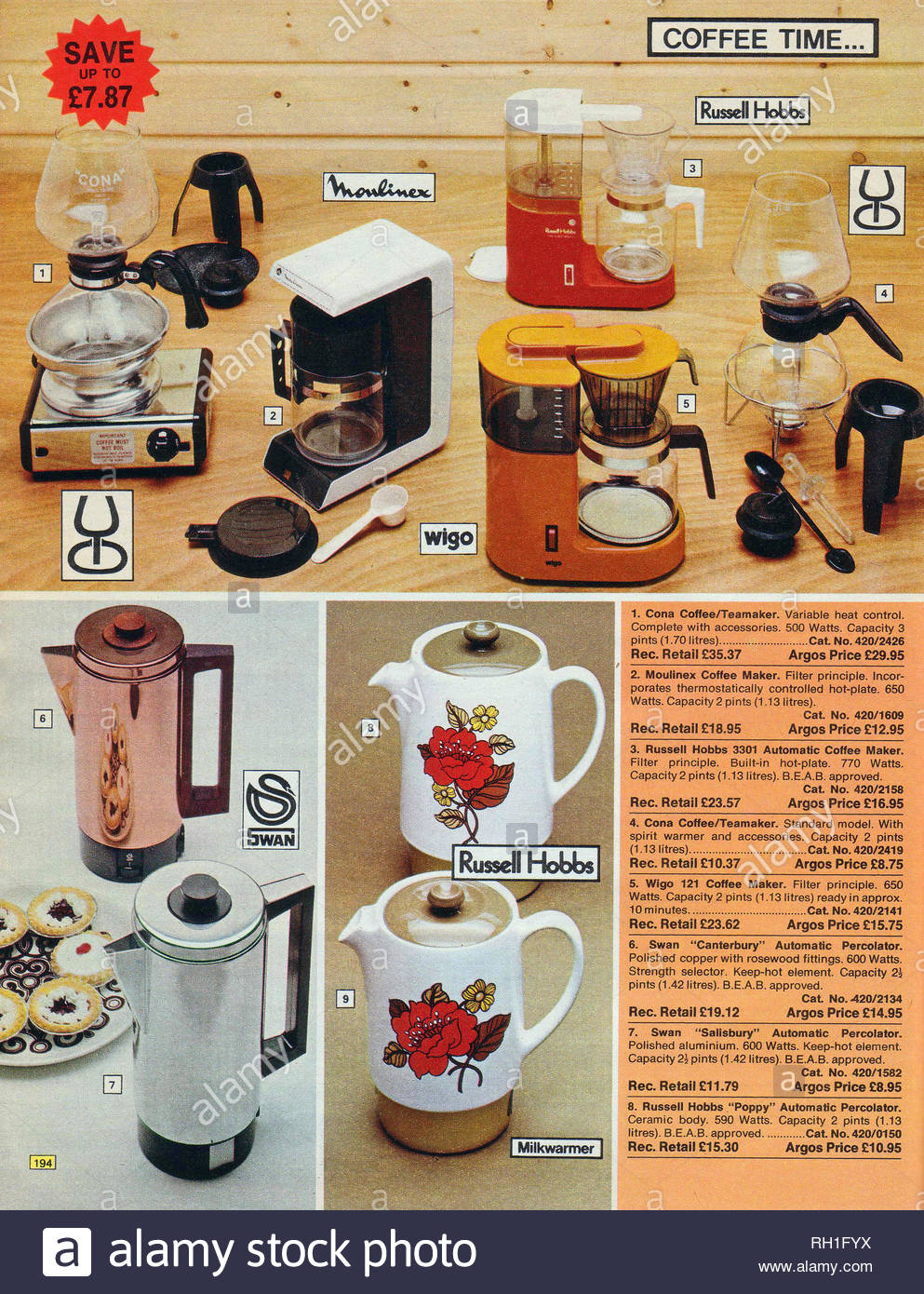 Vintage Teasmade und Kaffeemaschine, Argos Katalog von 1976 Stockfoto