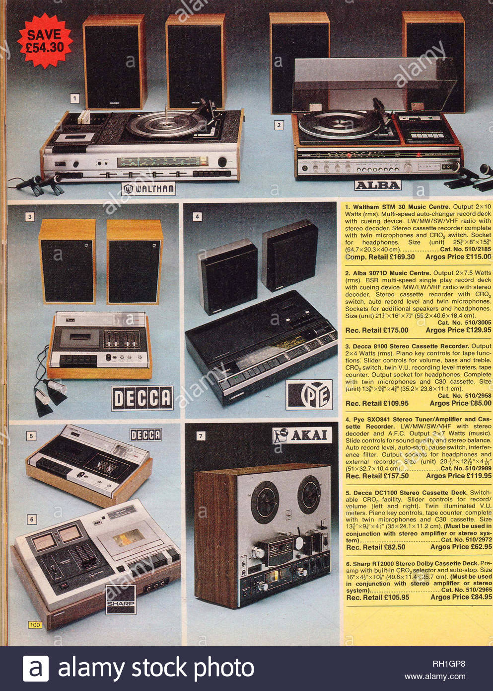 Vintage Plattenspieler, Lautsprecher und Kassettenrekorder, Argos Katalog von 1976 Stockfoto