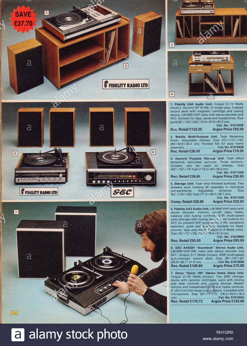 Vintage Drehscheibe und Lautsprecher, Argos Katalog von 1976 Stockfoto