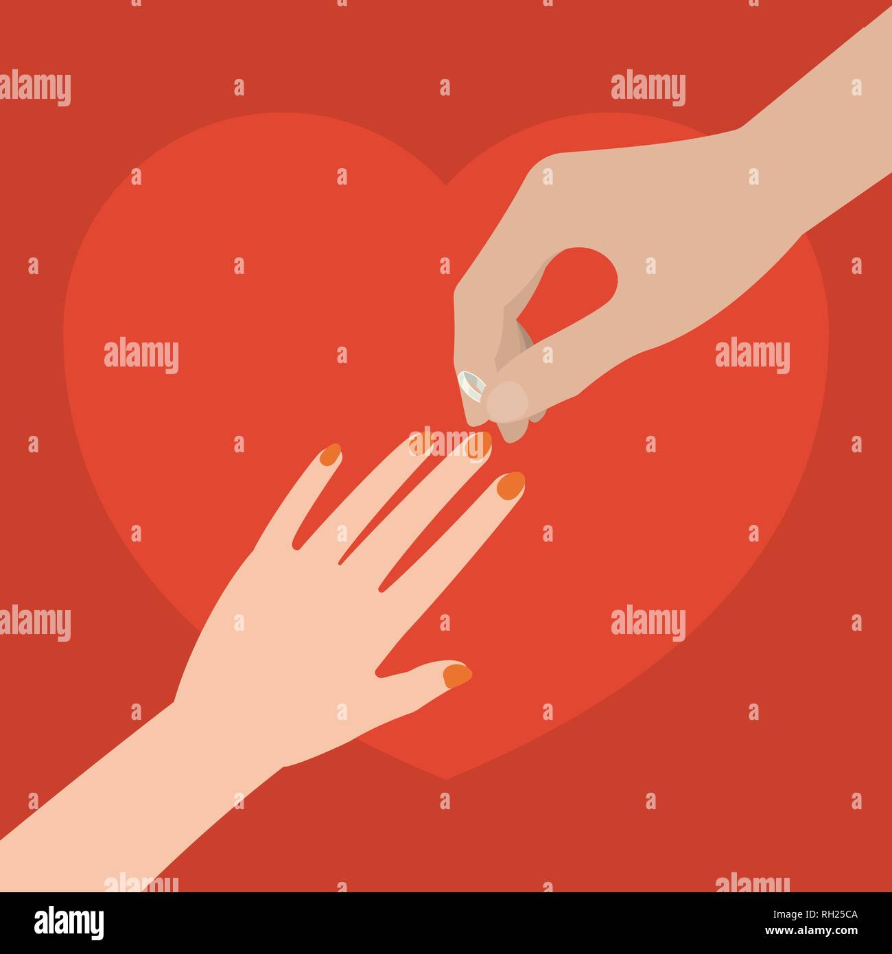 Männliche hand Hochzeit Ring auf weibliche Hand auf rotes Herz Hintergrund im flachen Stil Stock Vektor
