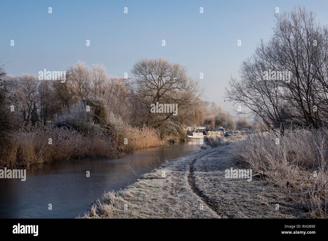 Der Fluss Stort nur außerhalb von Sawbridgeworth an einem frostigen Morgen. Kanal Boote sind in der Ferne festgemacht und die Bäume sind in Frost bedeckt. Stockfoto