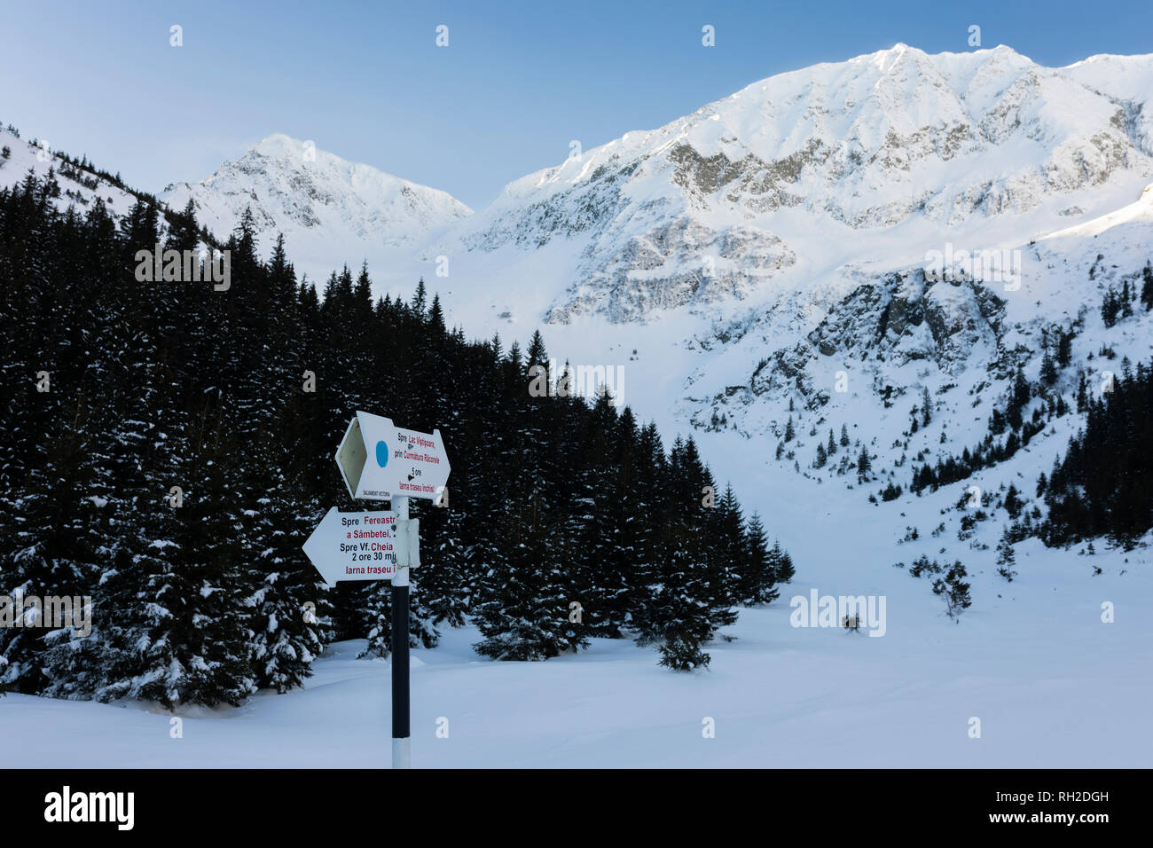 Pfad Indikator mit Bergnamen und Pfeile, trail Richtungen in den Karpaten, Fagaras Bereich Stockfoto
