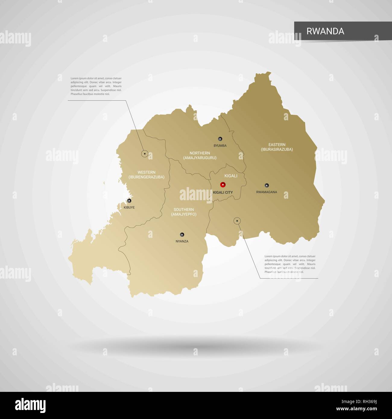 Stylized vector Ruanda Karte. Infografik 3d Gold Karte Abbildung mit Städten, Ländergrenzen, Kapital, administrative divisions und Zeiger markiert, Schatten; g Stock Vektor