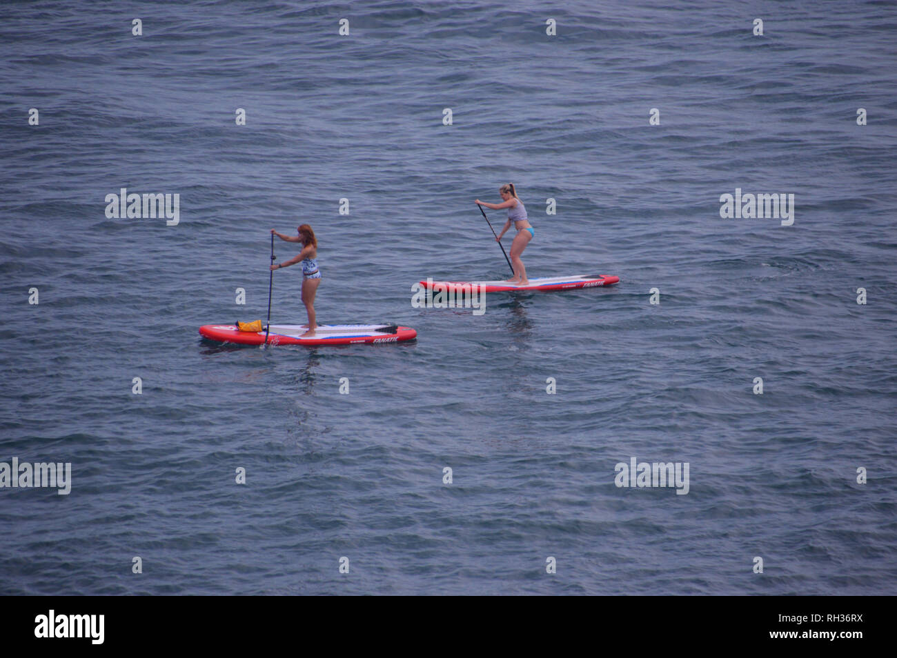 Zwei junge Frauen in Bikinis & Westen Paddle Boarding auf dem Küstenweg in der Nähe von St Martins Point, Guernsey, Channel Islands.de. Stockfoto