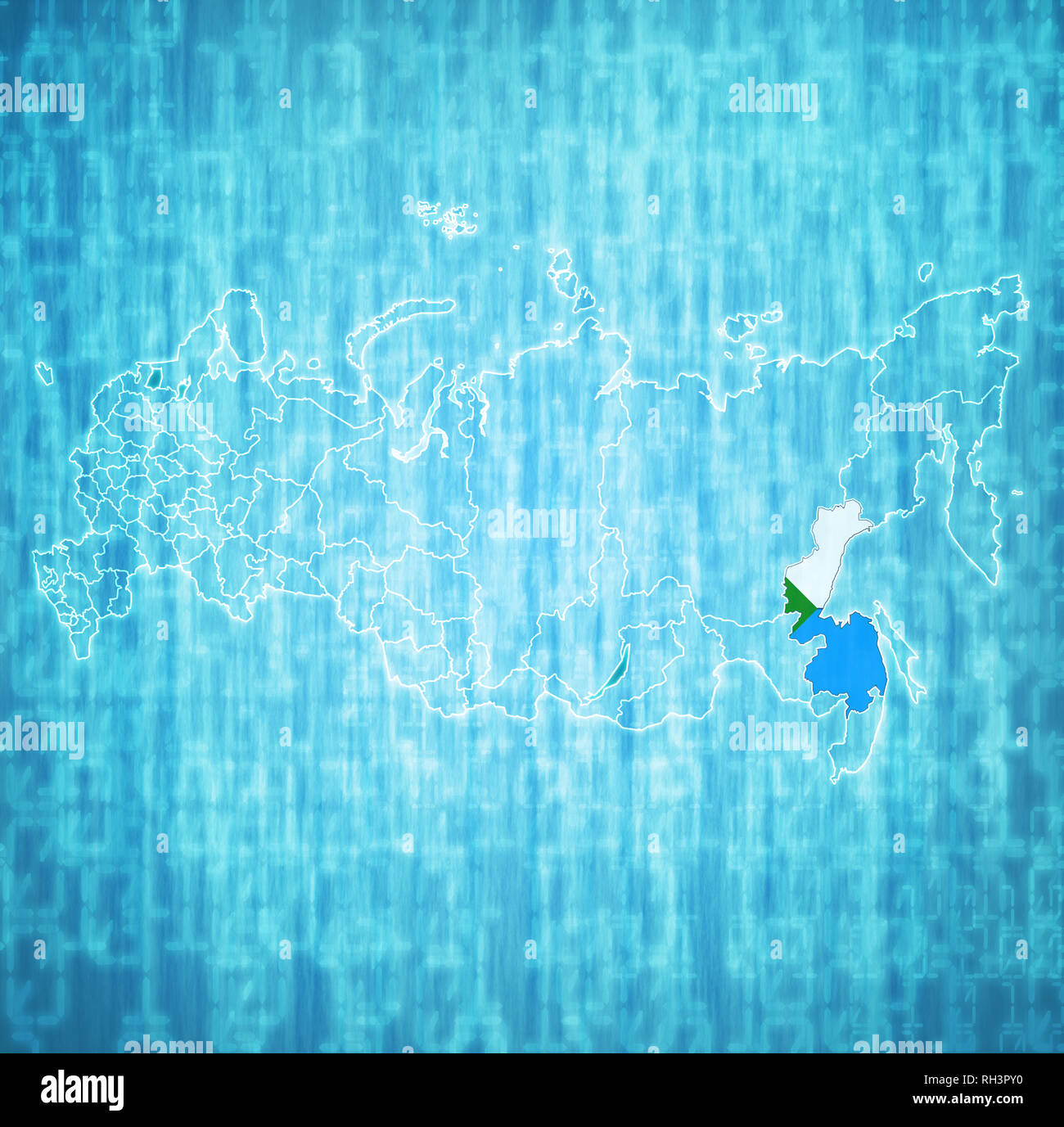 Emblem von Khabarovsk auf Karte mit administrativen Abteilungen und Grenzen Russlands Stockfoto