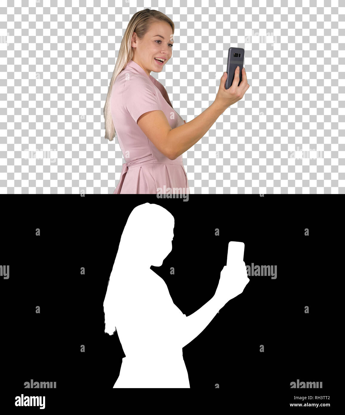 Frau im rosa Kleid, mit Ihrem Smart Phone, Alphakanal Stockfoto