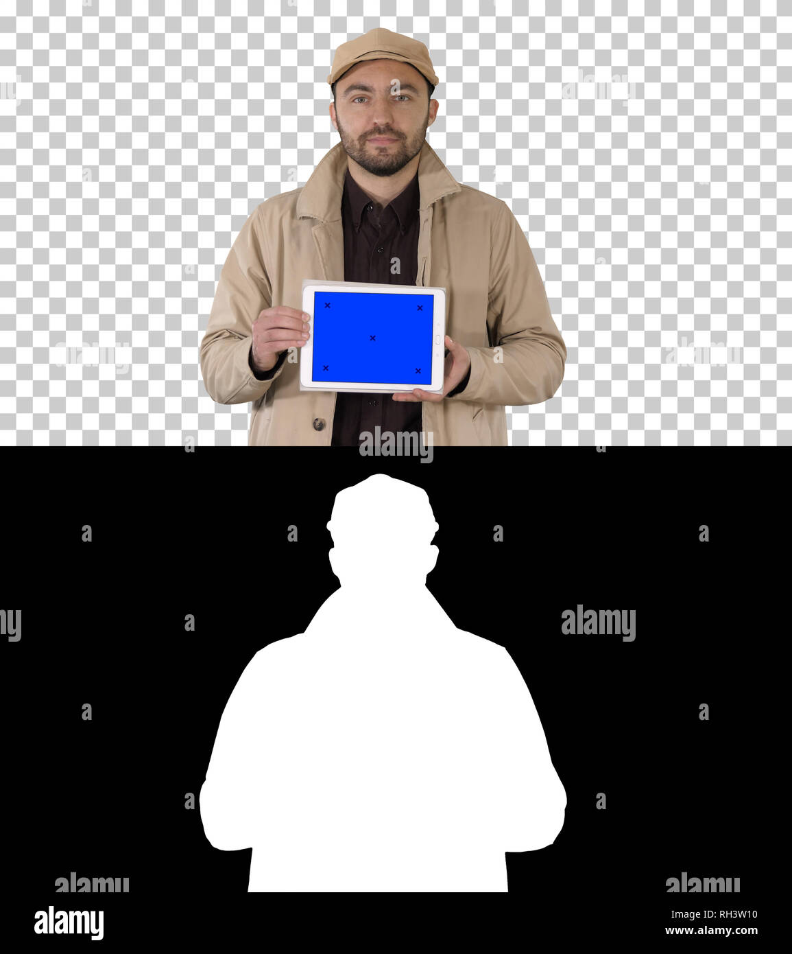 Man Walking und Holding Tablet mit Blue screen Mockup, Alpha Kanal Stockfoto