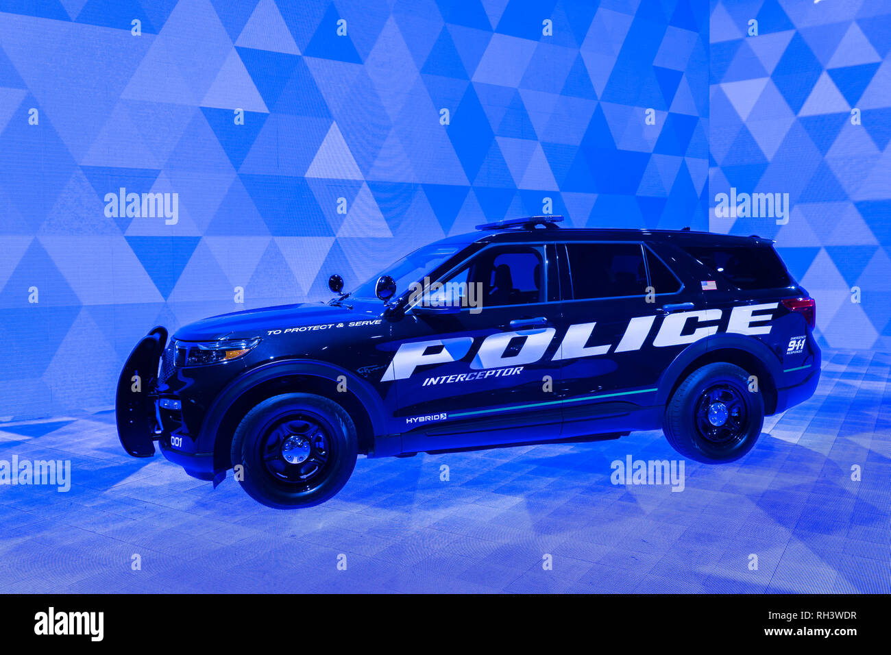 DETROIT, MI/USA - Januar 14, 2019: Ein 2020 Ford Explorer Hybrid Polizei Interceptor SUV auf der North American International Auto Show (NAIAS). Stockfoto