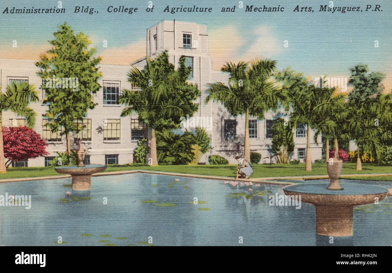 Verwaltungsgebäude, Hochschule für Landwirtschaft und mechanischen Künste, Mayagüez Puerto Rico, alte Postkarte. Stockfoto
