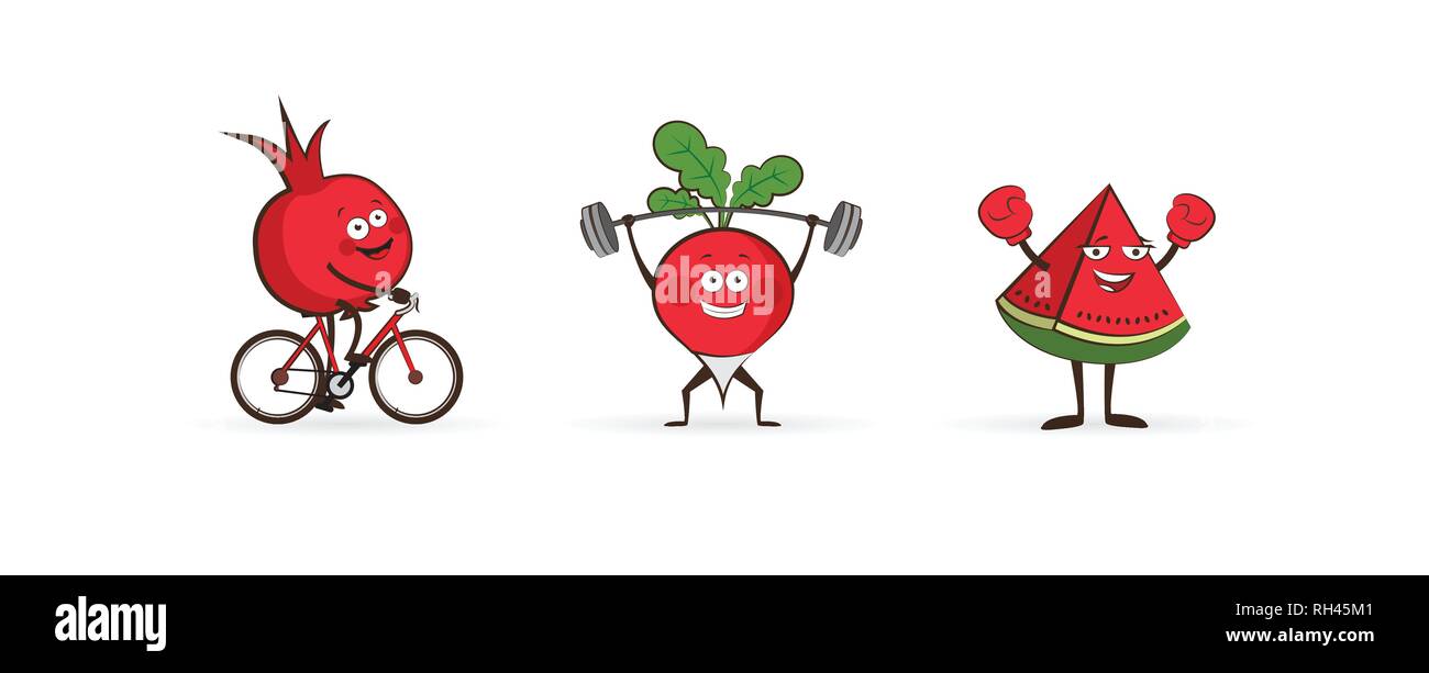 Satz von Obst und Gemüse Sport. Abbildung isoliert auf weißem Hintergrund. Niedlich und konzentrierte sich Früchte und Gemüse Zeichen. Vektor illustra Stock Vektor