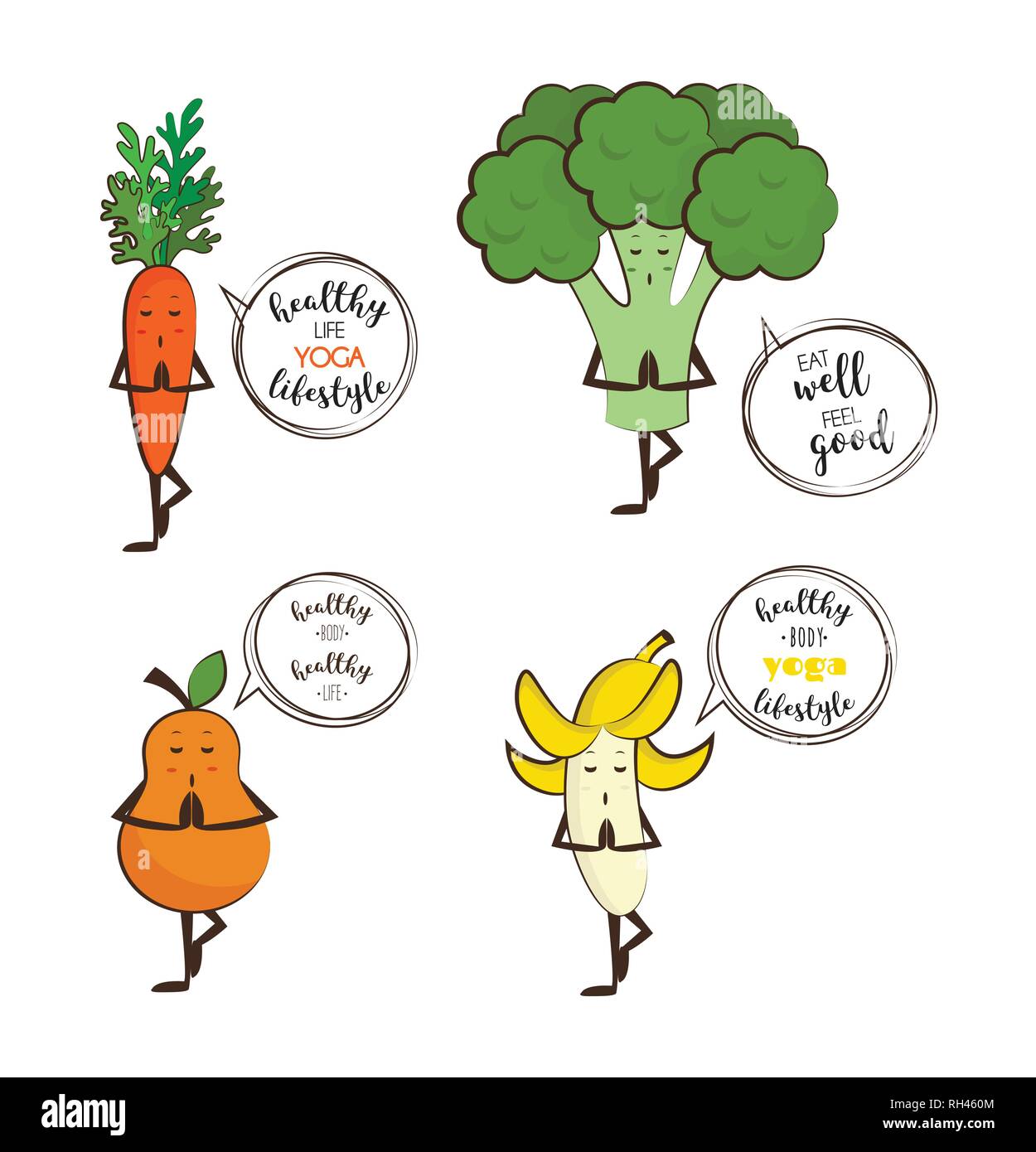 Eingestellt von süßen Früchten und Gemüse Yoga mit Motivation Zitate. Vector Illustration Stock Vektor