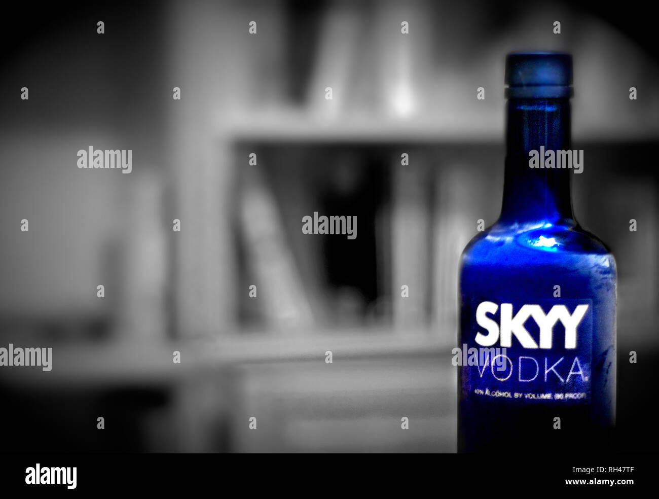 Eine blaue Flasche Skyy Vodka ist gegen einen schwarzen und weißen Hintergrund der Bücher, Jan. 28, 2010, in Northport, Alabama. Stockfoto