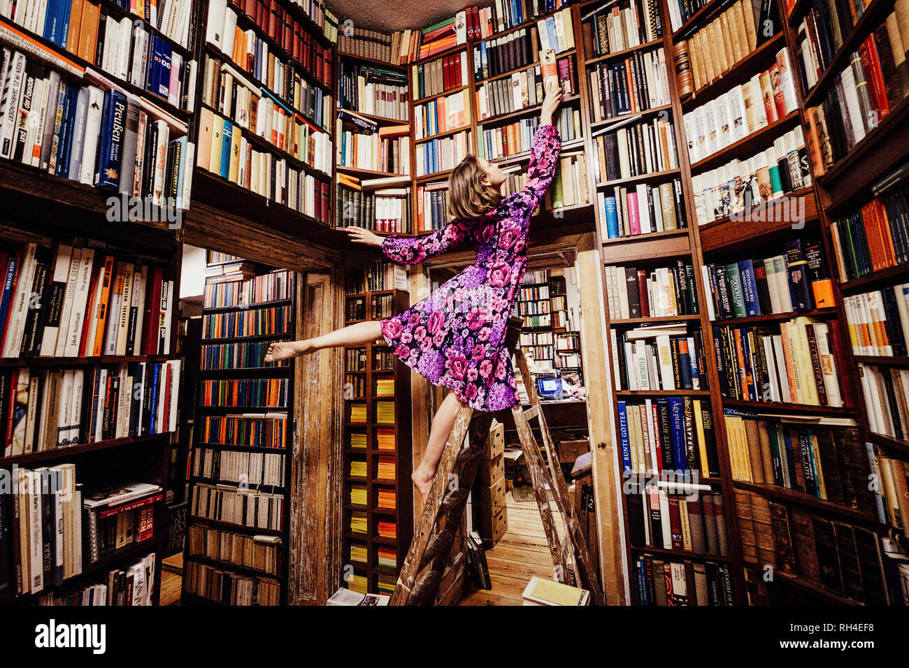 Sorglos Frau auf Leiter erreichen für Buch in der Bibliothek Stockfoto