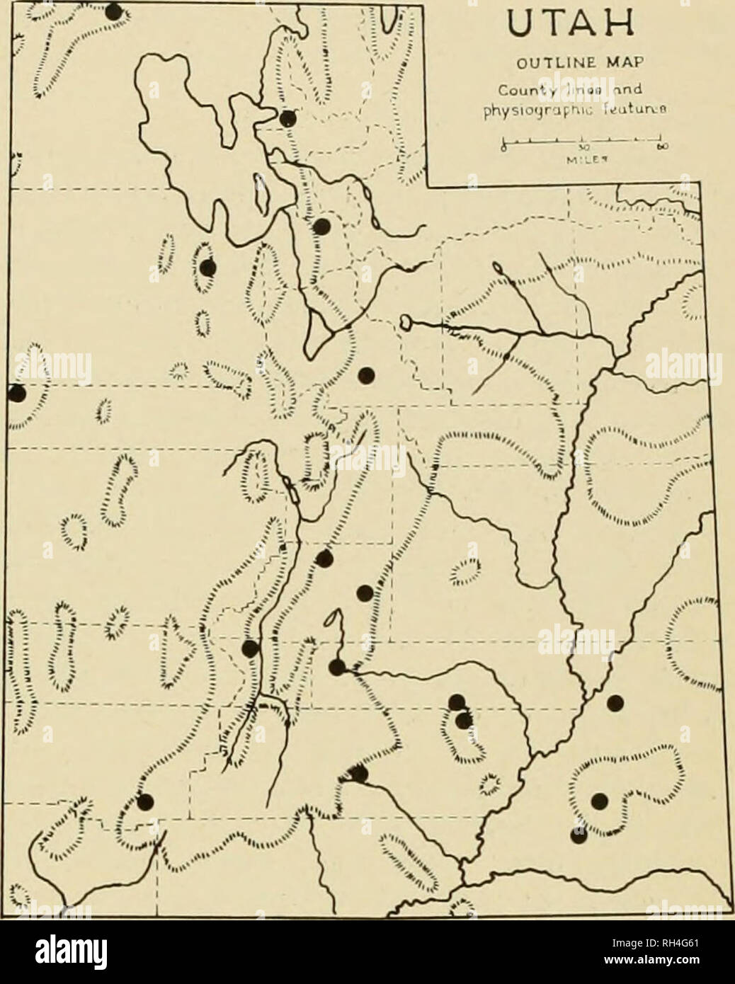 . Brigham Young University science Bulletin. Biologie -- Zeitschriften. Abb. 32. Popiilus fremonlii S. Wats. Popiihis fremontii S. Wats. (Abb. 32) Fremont Pappel ist fast ausschließlich ein Baum des streamsides und wäscht während des Südwestens. In Utah bietet sie eine interessante diskontinuierliche Muster der Verteilung. Obwohl während der Colorado River drainage reichlich, Es gibt vereinzelte isolierte Kolonien weit in den Norden und Westen. Von Salina können-yon in Central Utah zu parieren, Canyon in der Box Elder County gibt es Haine von Fremont Pappeln entlang der Wasserläufe in den Tälern und Vorberg Stockfoto