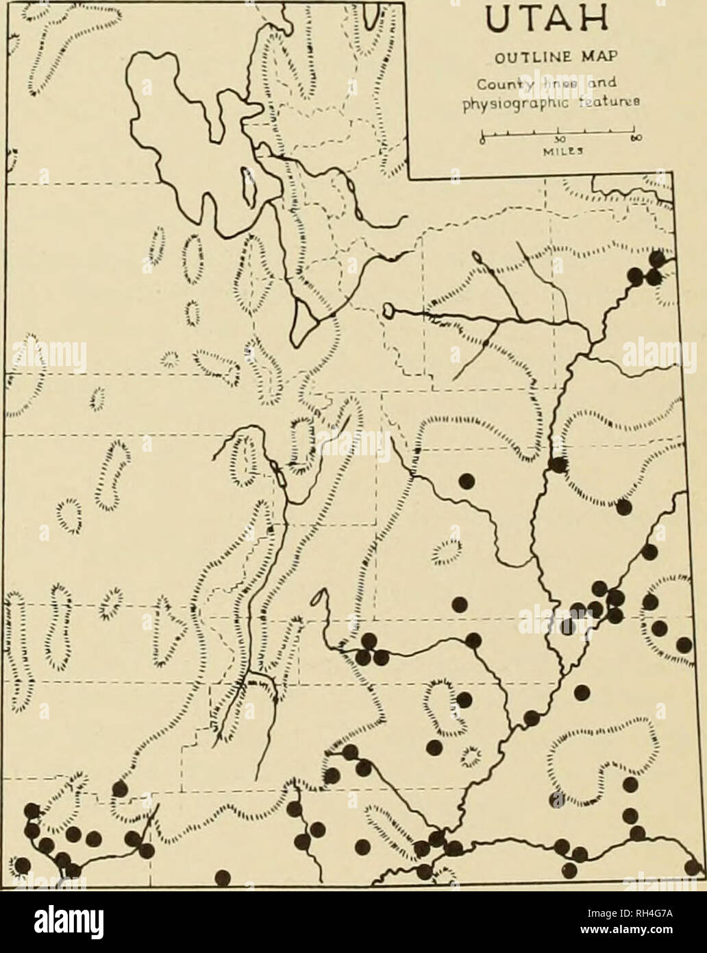 . Brigham Young University science Bulletin. Biologie -- Zeitschriften. Abb. 26. Crataegus zum Nonne. und reichen Provinz Western Utah und gelegentlich in den isolierten reicht von der südöstlichen Utah. Repräsentative Proben: Box Elder Co., Corinne, A. Wetmore 347, am 1. Juli. 1915 (USA); Daggett Co., Sheep Creek. L. in Williams 521. Juni 3, 1932 (UTC); Duchesne Co., Red Creek, EH. Graham 9448. Am 27. Juni. 1935 (CM); Duchesne Co., Roan Hochebene (West), J.A. Willev 24, MAV23, 1918 (USPS); Millard Co., Canyon Mts., B.L. Robins 105, August 16, 1913 (USPS); Piute Co., Monroe Mt., ein ". S, Erdman 2762, 3. September Stockfoto