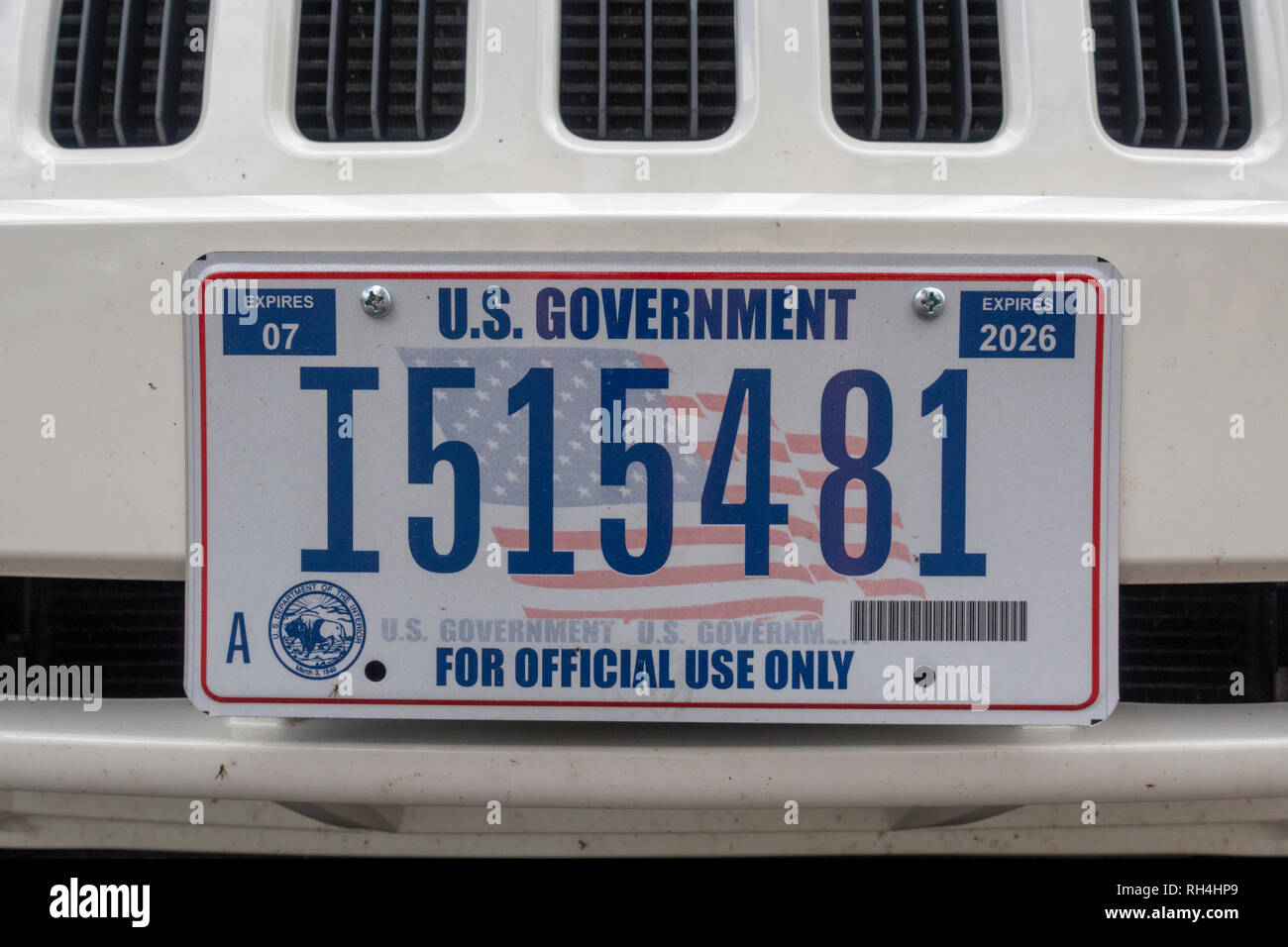 In der Nähe eines US-Regierung Nummernschild, Usa. Stockfoto
