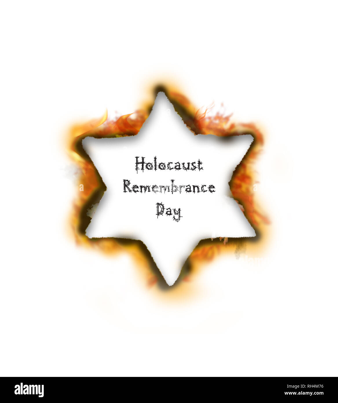 Holocaust Gedenktag. Brennende weiße jüdische Davidstern auf weißem Hintergrund Stockfoto