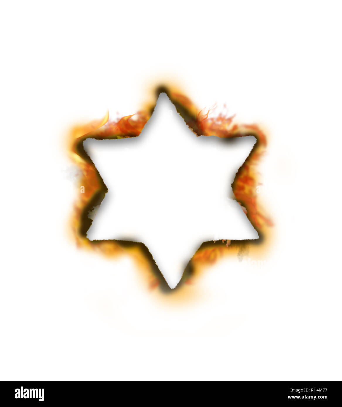 Holocaust Gedenktag. Brennende weiße jüdische Davidstern auf weißem Hintergrund Stockfoto