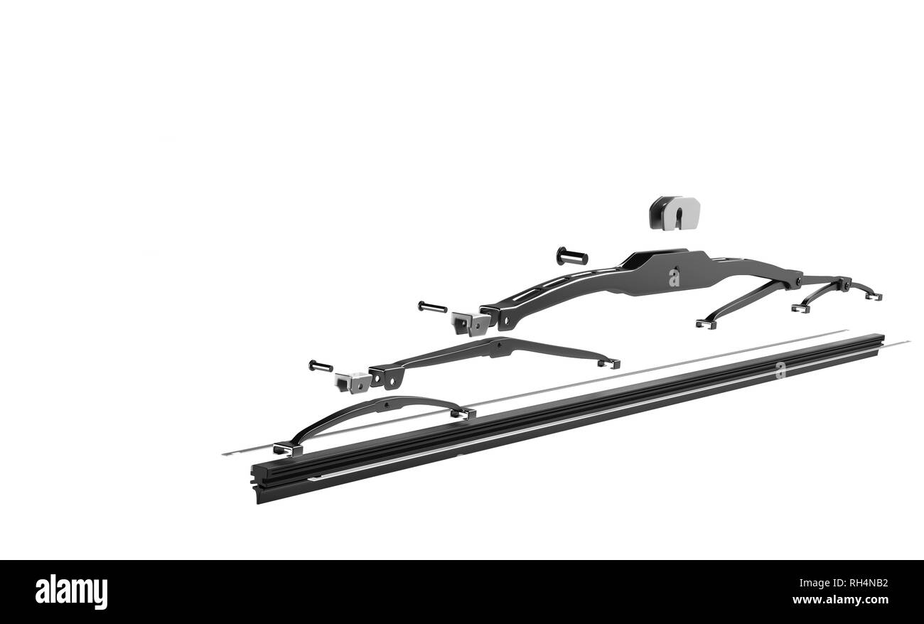 3D-Rendering. Wischerblatt des Frontscheibenwischers auf einem weißen Hintergrund. Wischerblatt für Auto. Ersatzteile, Auto Teile, die für die Sicherheit der Fahrer. Stockfoto