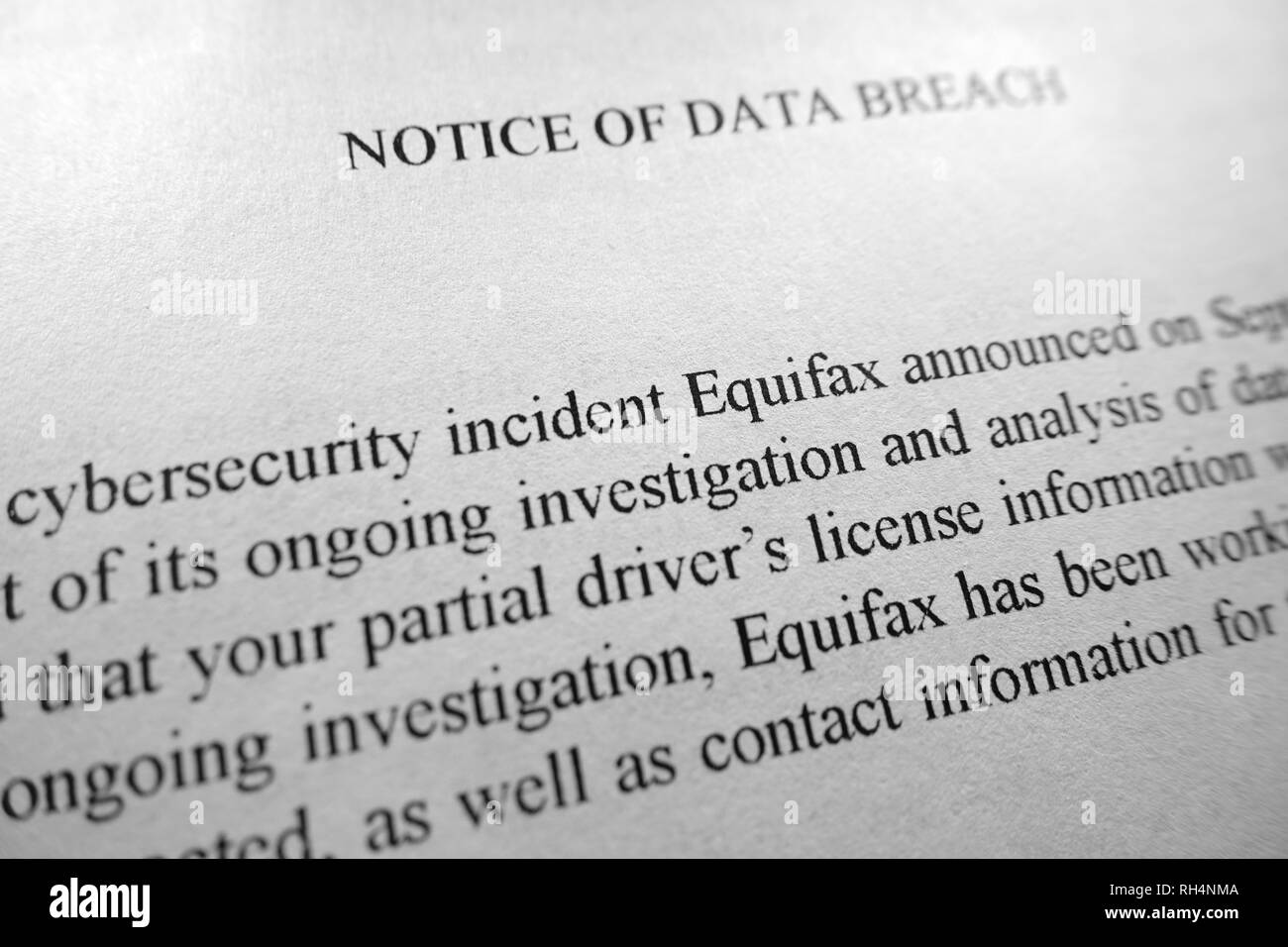 Bekanntmachung des Schreibens über die Verletzung von Equifax Stockfoto