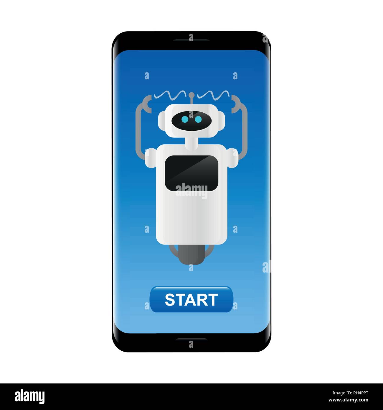 Cute arbeiten Roboter in ein Smartphone mit Schaltfläche Start Vektor-illustration EPS 10. Stock Vektor