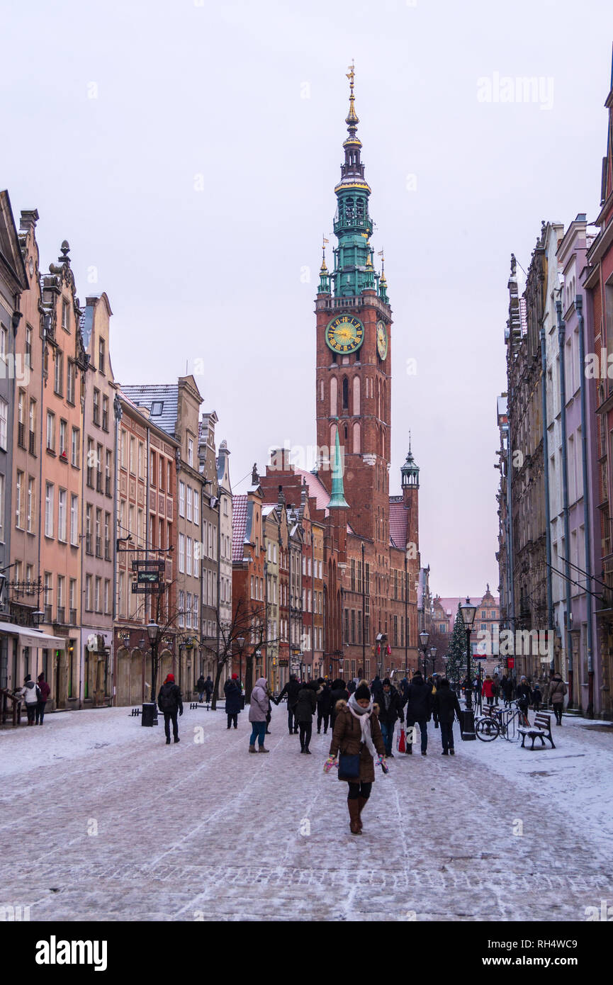 Ratusz, Rathaus, Renaissance, 1556, bei Schneewetter, Długi Targ, Langer Markt, Danzig, Polen Stockfoto