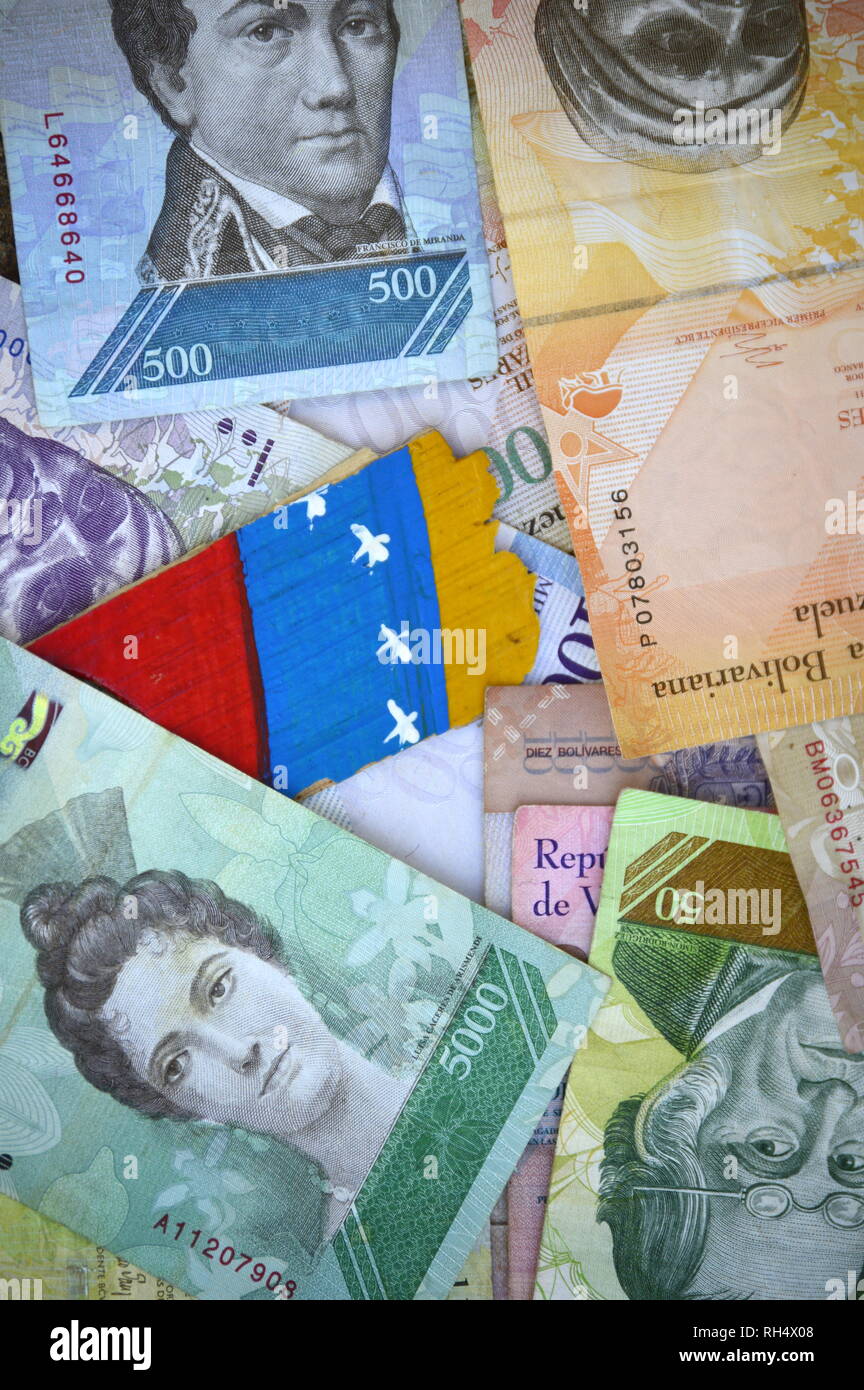 Venezolanische Geld, Konzept der Venezolanischen Wirtschaftskrise. Stockfoto