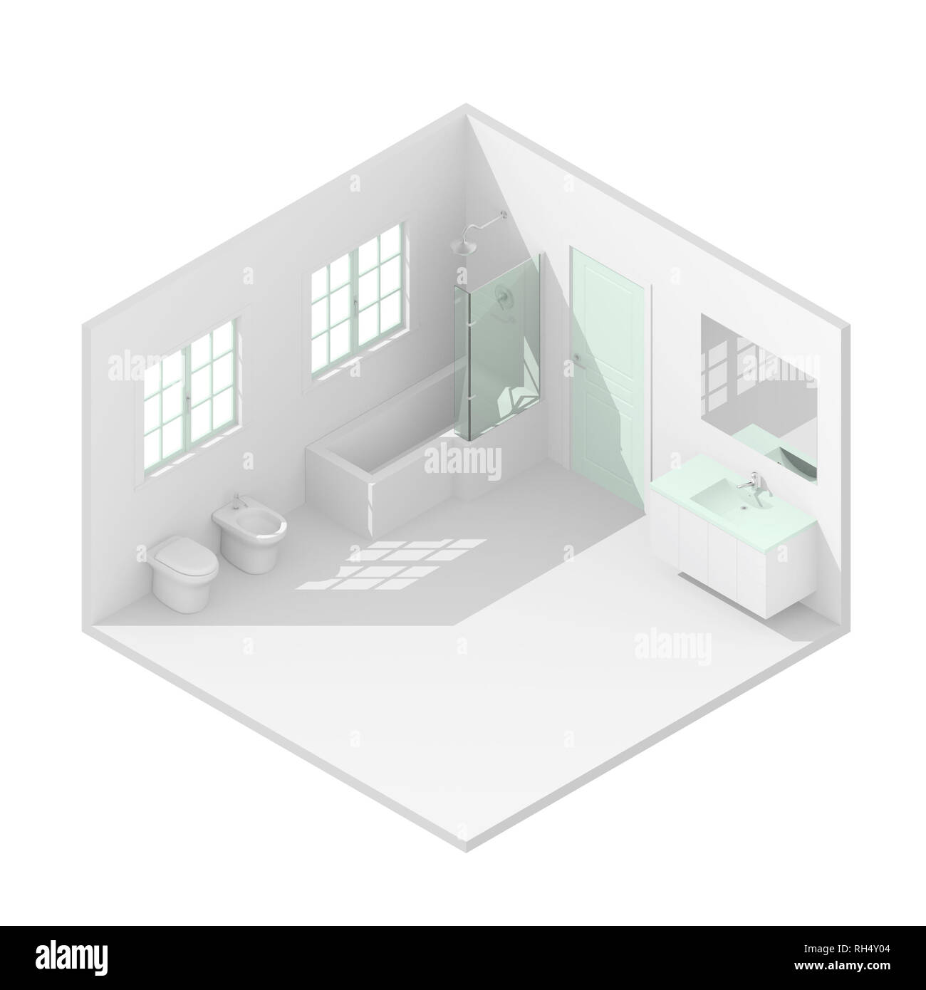 Isometrische 3D Rendering Illustration der Grünen eingerichtet Badezimmer Stockfoto