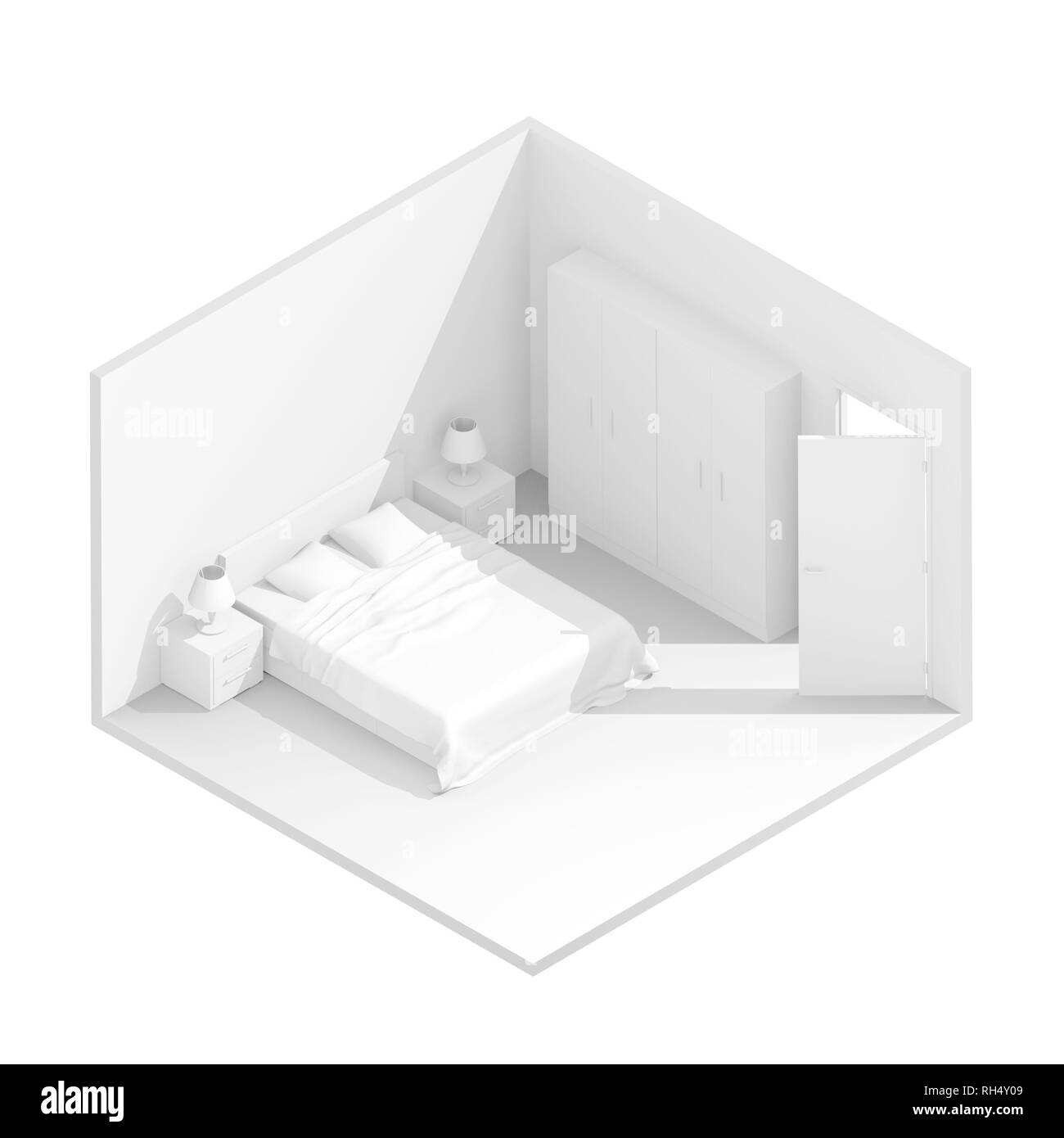 3d-isometrische Darstellung Abbildung: Weiße Schlafzimmer mit Queen Bett Stockfoto