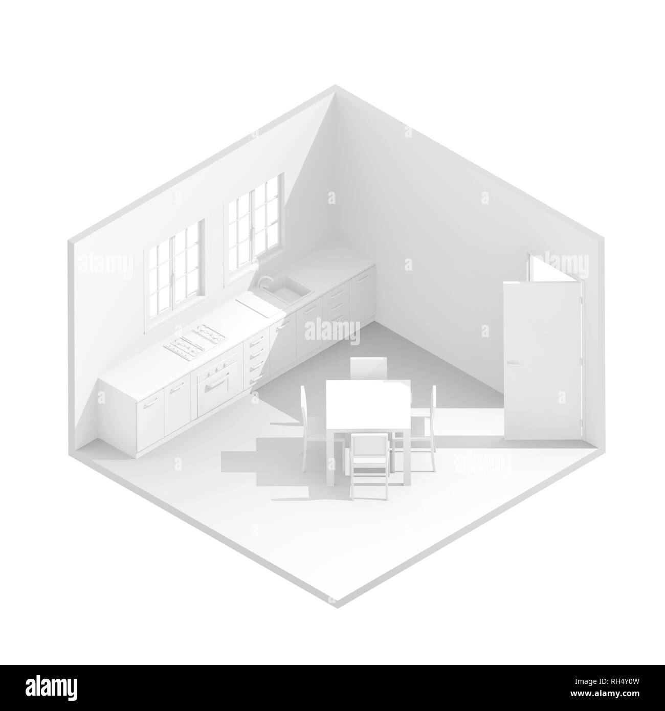 3d-isometrische Darstellung Abbildung: Weiße eingerichtet häusliche Küche Stockfoto