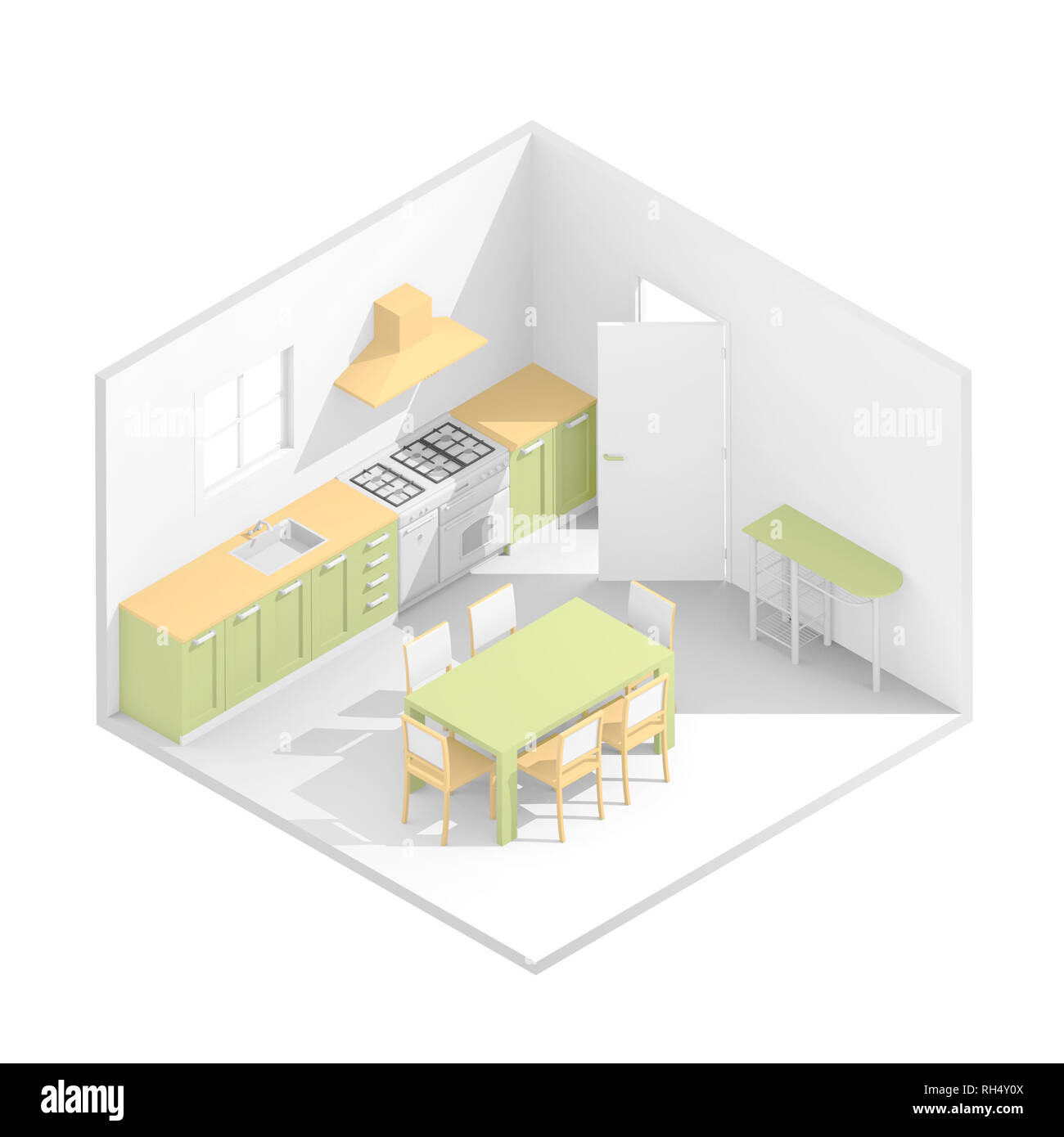 3d-isometrische Darstellung Abbildung: Grün und Orange häusliche Küche Stockfoto