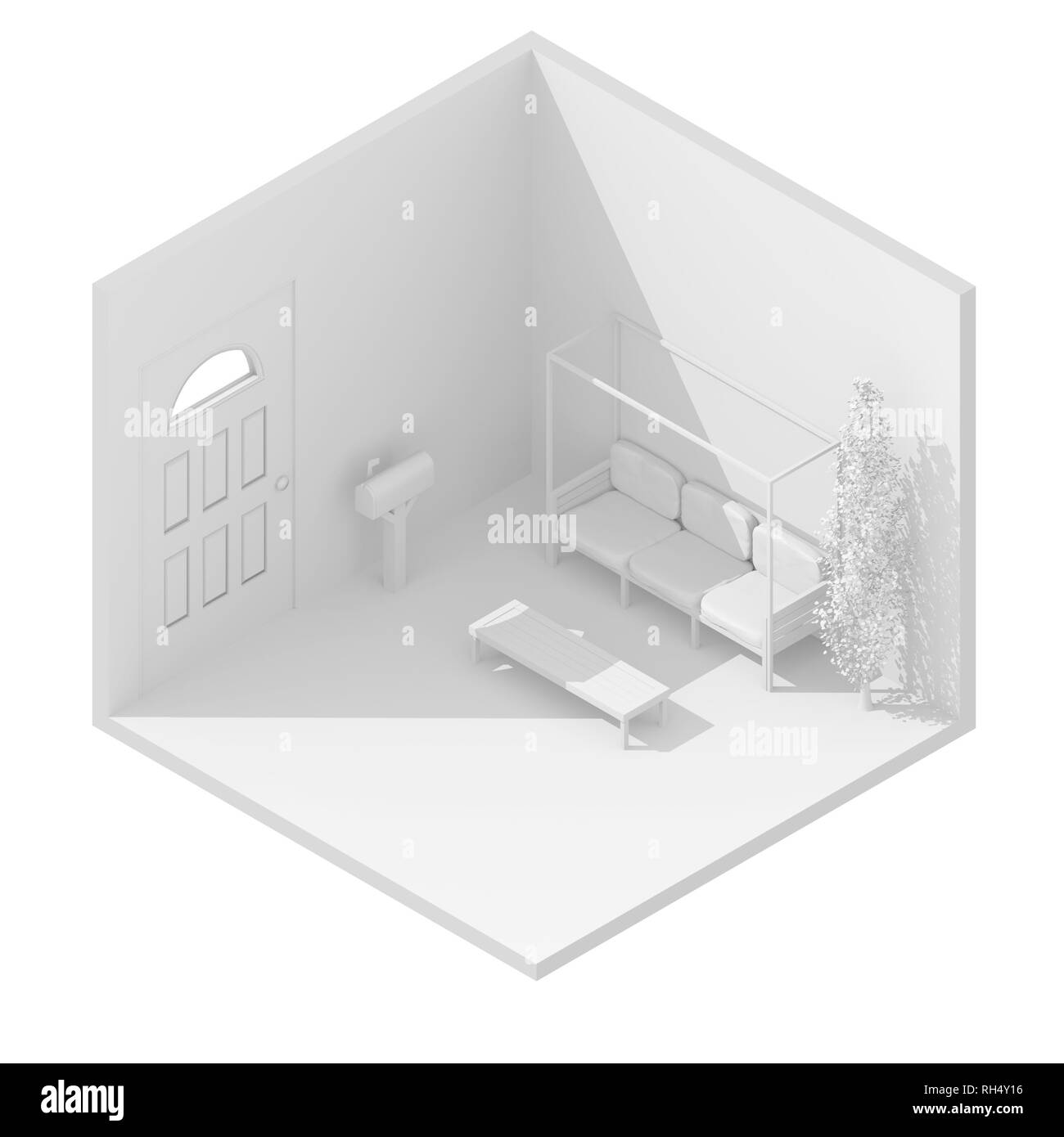 3d-isometrische Darstellung Abbildung: Weiße Garten Terrasse Stockfoto