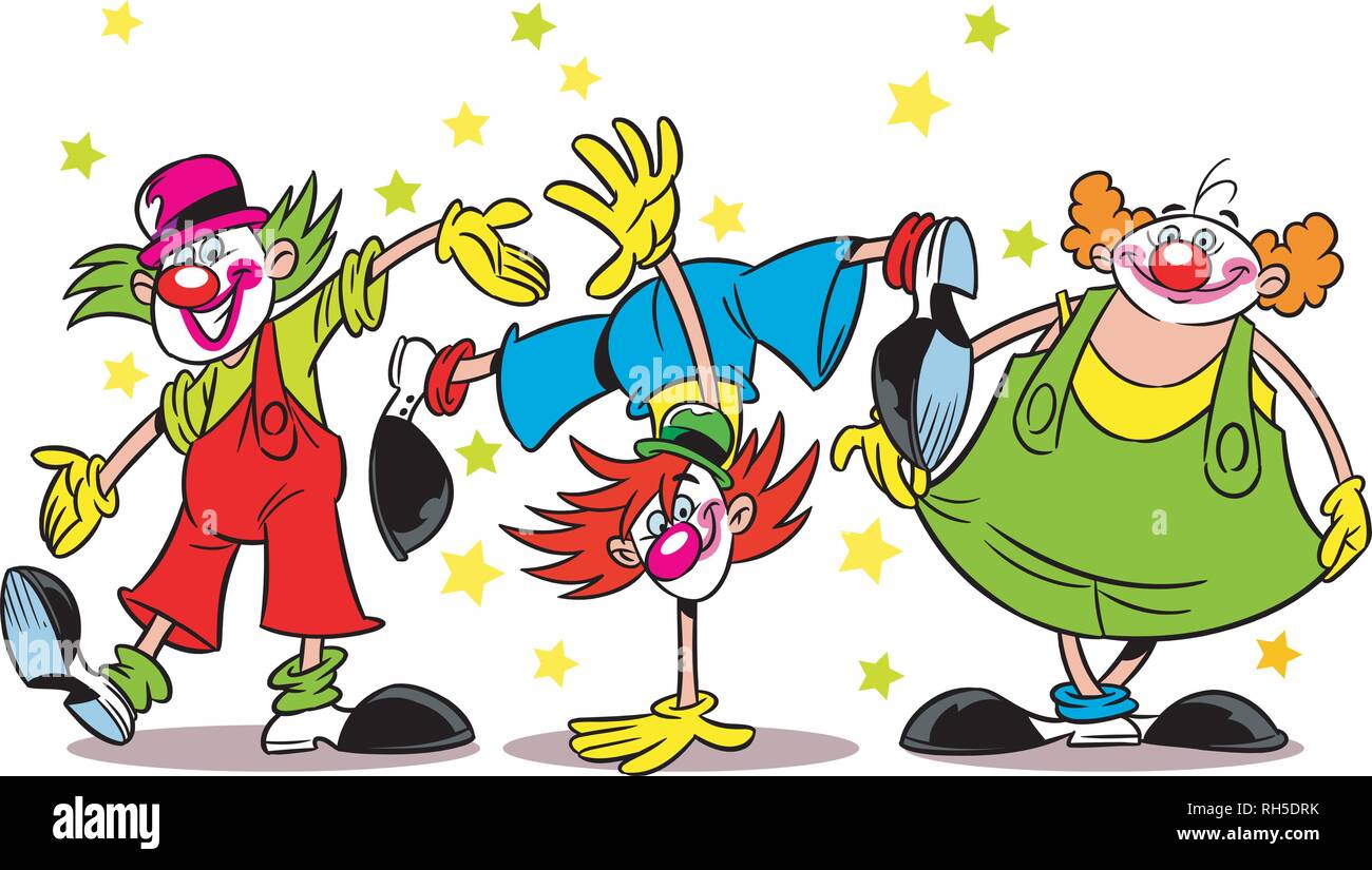Drei lustige Clowns führt im Zirkus Arena. Abbildung im Cartoon Stil gemacht, auf separaten Ebenen Stock Vektor