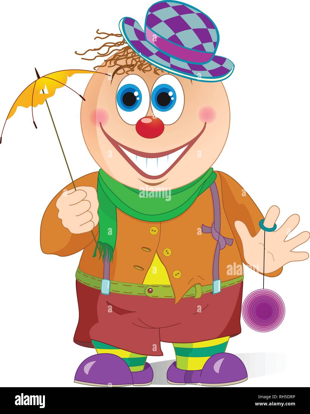 Die Abbildung zeigt eine lustige Karikatur Clown mit einem Regenschirm und Spielzeug in die Hände. Abbildung isoliert auf einem weißen Hintergrund. Stock Vektor