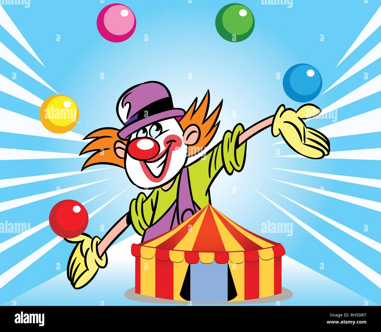Die Abbildung zeigt ein Clown jongliert Bälle, die vor dem Hintergrund der ein Zirkuszelt. Abbildung im Cartoon Stil gemacht, auf separaten Ebenen. Stock Vektor