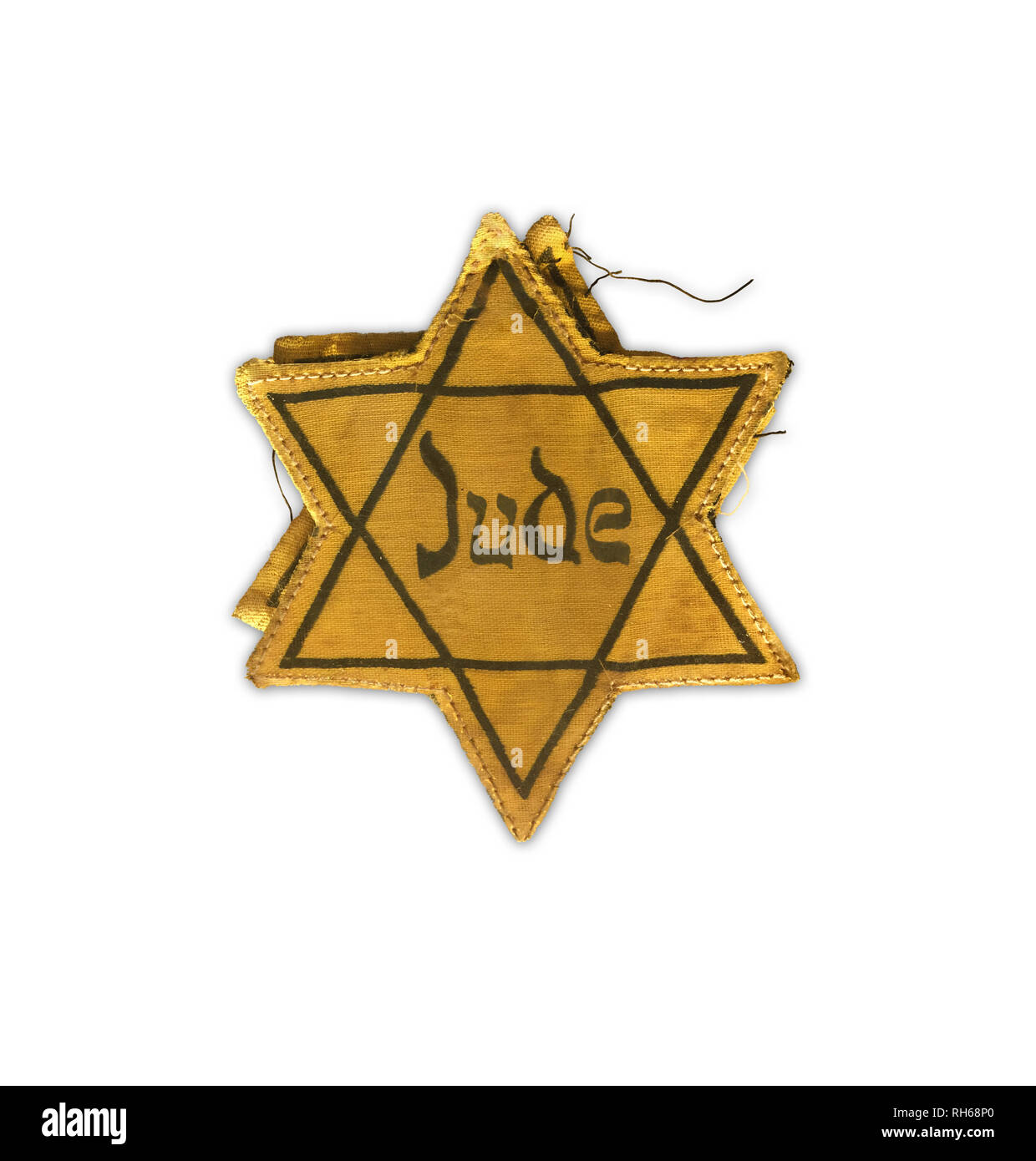 Hollocaust Tag der Erinnerung, Gelber Stern auf weißem Hintergrund. Das Wort Jude bedeutet Jude in deutscher Sprache. Stockfoto