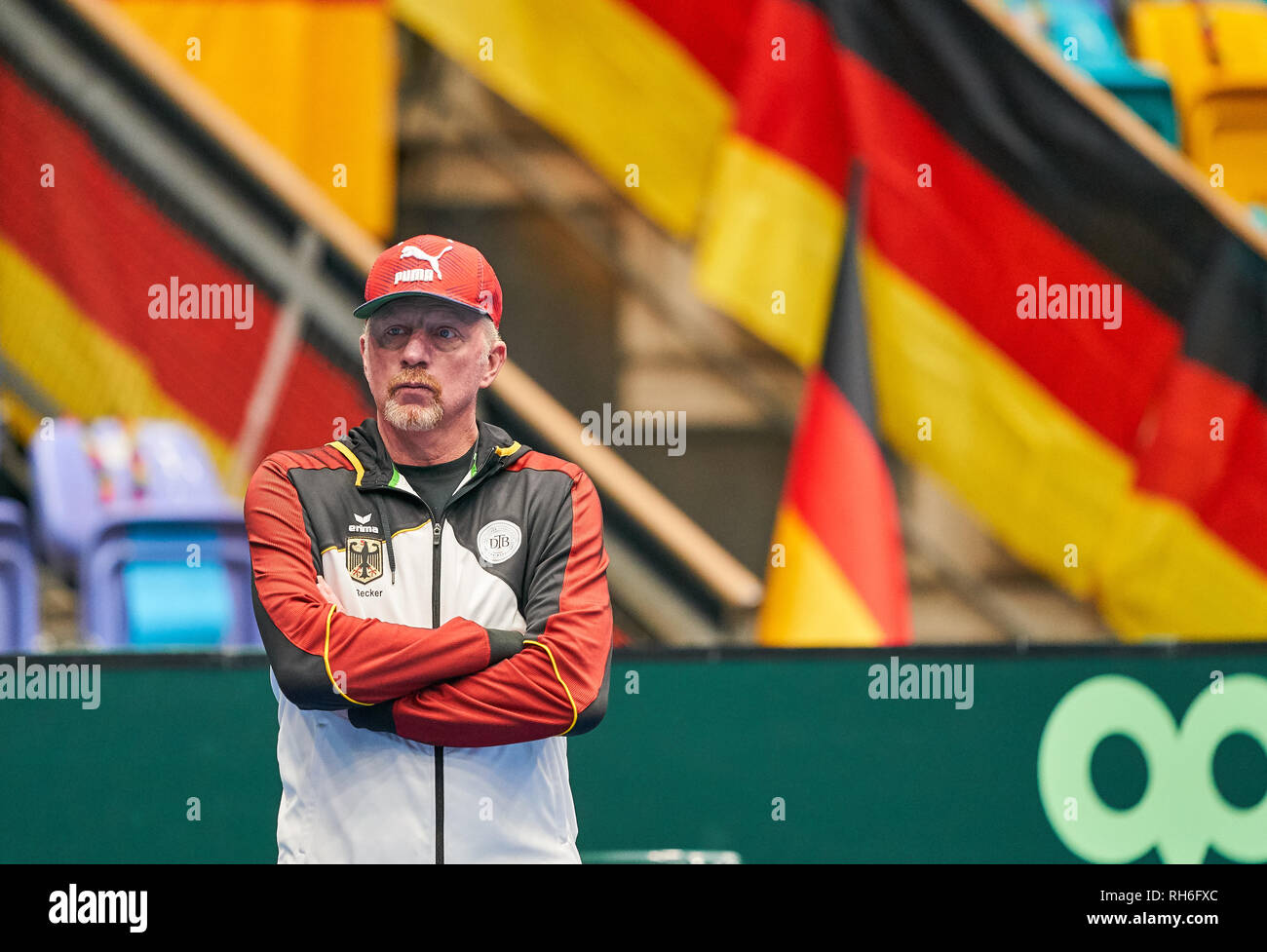 Frankfurt am Main, Deutschland. 01 Feb, 2019. Boris Becker, DTB-Leiter der Mens Tennis, halbe Größe, Porträt, in einer Schulung, Training vor dem Spiel Deutschland - UNGARN Qualifier Runde Mens Tennis Davis Cup in Frankfurt, Deutschland, 01. Februar 2019 Saison 2018/2019, Kredit: Peter Schatz/Alamy leben Nachrichten Stockfoto