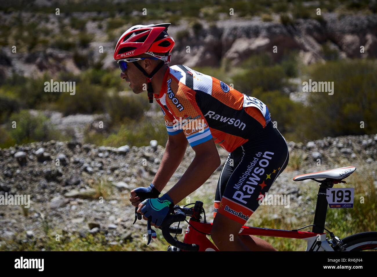 Mendoza, Argentinien. 1. Feb 2019. Sieger Anaconda von Movistar Team gewann die Königin der Bühne, im Bild Facundo Cattapan der Municipalidad de Rawon während der Phase 5, 169.5 km Alto Colorado in der 37 Vuelta a San Juan2019 am Februar 01, 2019 in San Juan, Argentinien. Credit: Alexis Lloret/Alamy leben Nachrichten Stockfoto