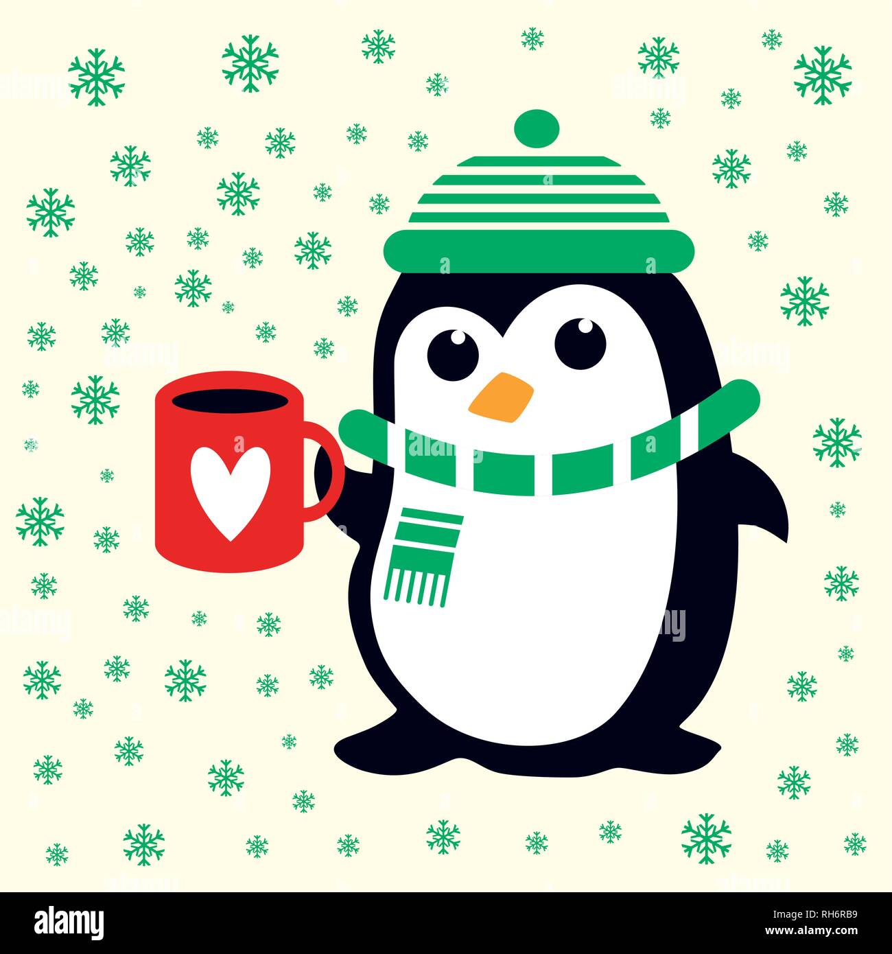 Funny cute Penguin in grüne Mütze, Schal mit refcup mit Herz. Für Baby- und Kinderzimmer Weihnachten Stoff, Tapeten, Geschenkverpackung. Stock Vektor
